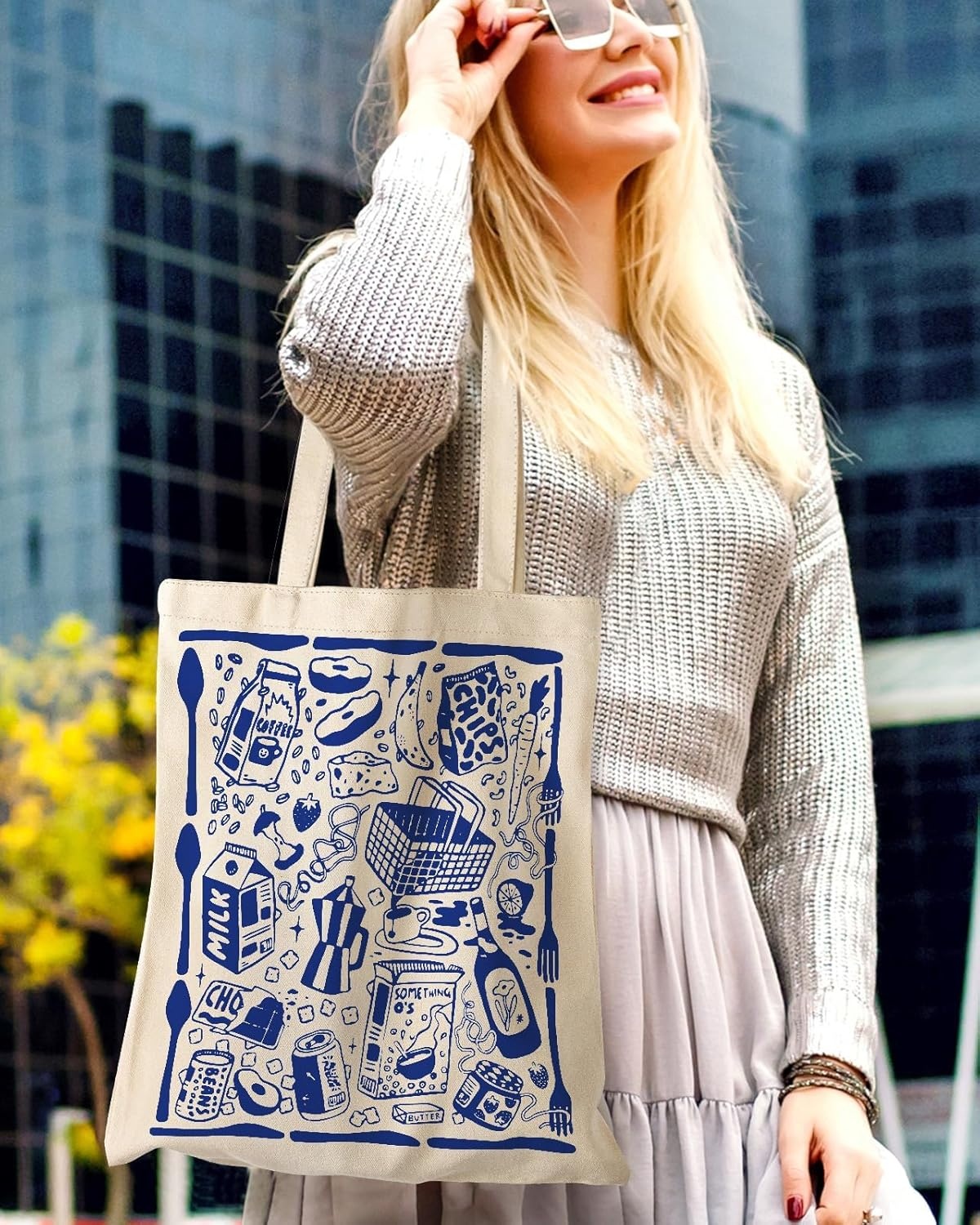 image:imageMiss Adola Aesthetic Canvas Tote Bag with Pattern for Women Funny Groovy Blue Doodle Western Food Art Style Design Casual Cloth Cotton Totes Bag for Vacation Shopping Grocery Gym