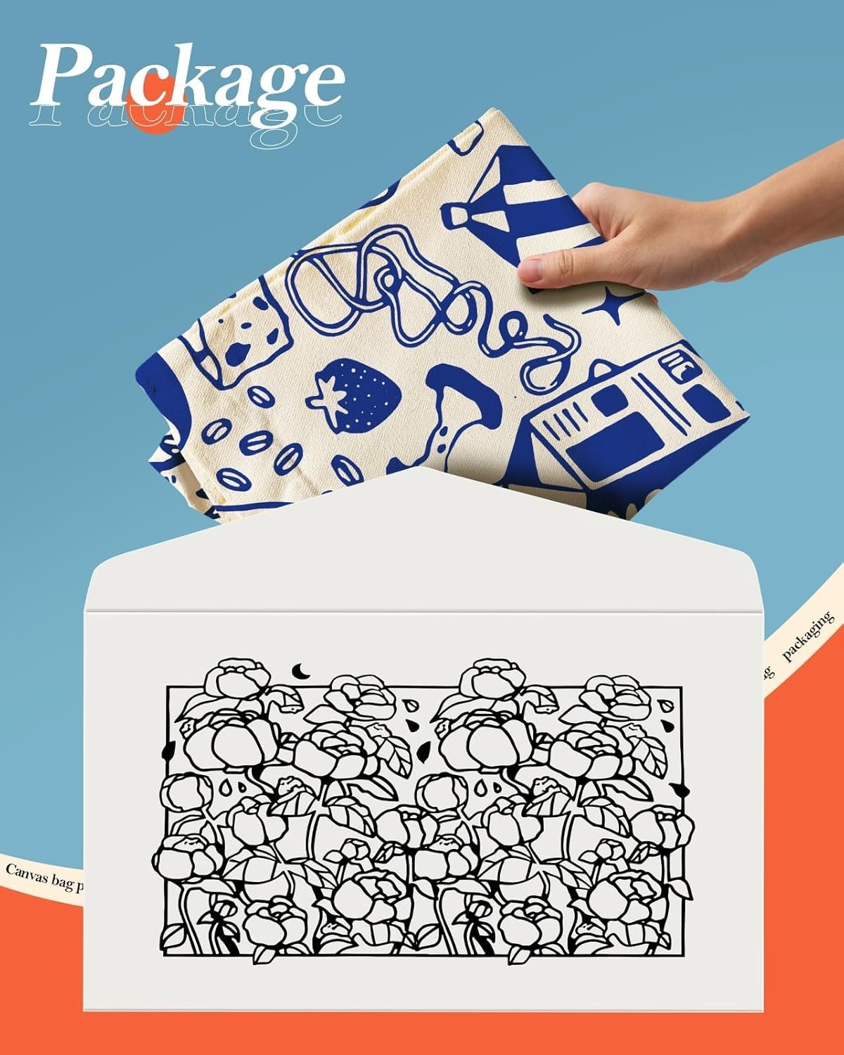 image:imageMiss Adola Aesthetic Canvas Tote Bag with Pattern for Women Funny Groovy Blue Doodle Western Food Art Style Design Casual Cloth Cotton Totes Bag for Vacation Shopping Grocery Gym