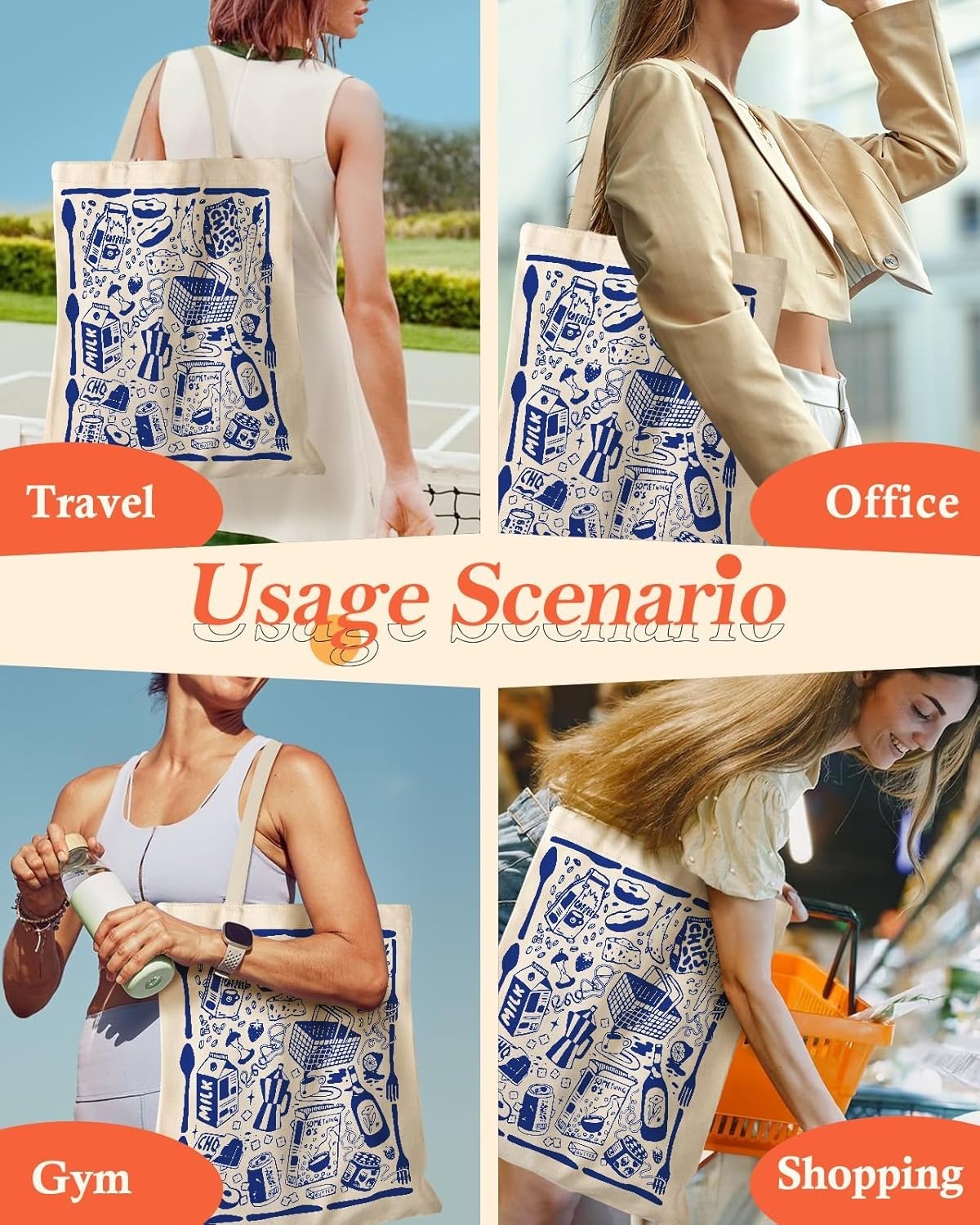 image:imageMiss Adola Aesthetic Canvas Tote Bag with Pattern for Women Funny Groovy Blue Doodle Western Food Art Style Design Casual Cloth Cotton Totes Bag for Vacation Shopping Grocery Gym