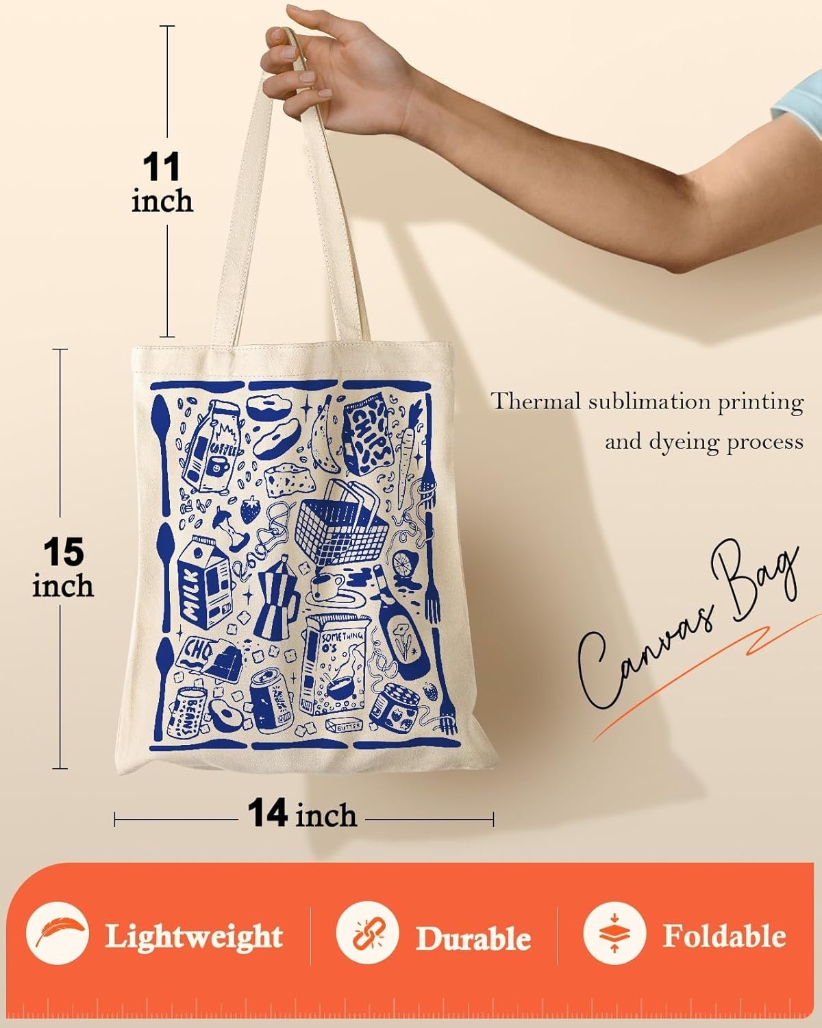 image:imageMiss Adola Aesthetic Canvas Tote Bag with Pattern for Women Funny Groovy Blue Doodle Western Food Art Style Design Casual Cloth Cotton Totes Bag for Vacation Shopping Grocery Gym