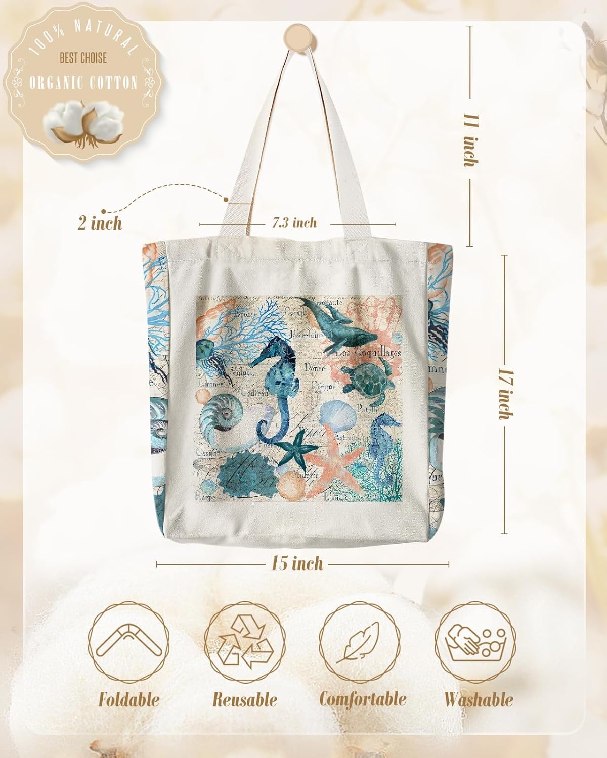 image:imageMiss Adola Aesthetic Heavy Canvas Tote Bag with Pocket for Women Large Cloth Cotton Tote Bag for Shopping Gym Work Travel Beach Vacation Marine Life