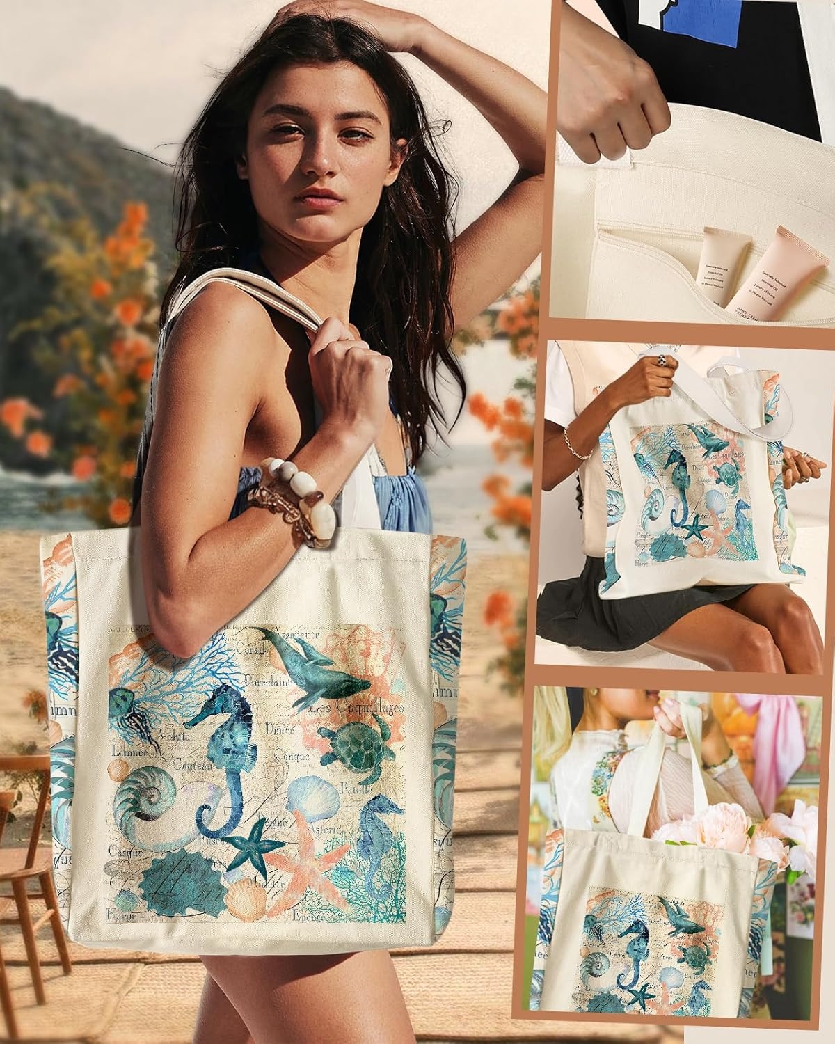 image:imageMiss Adola Aesthetic Heavy Canvas Tote Bag with Pocket for Women Large Cloth Cotton Tote Bag for Shopping Gym Work Travel Beach Vacation Marine Life