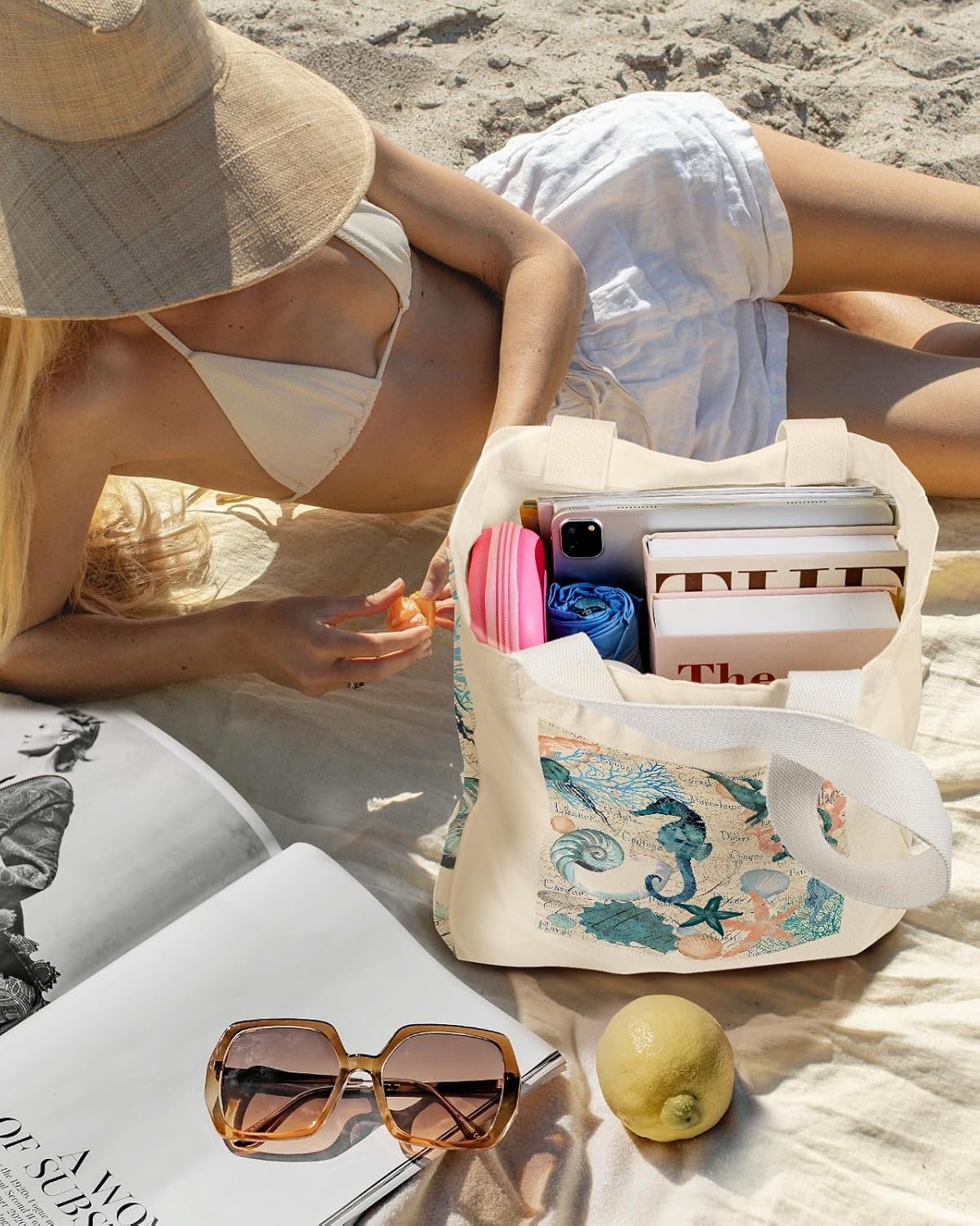 image:imageMiss Adola Aesthetic Heavy Canvas Tote Bag with Pocket for Women Large Cloth Cotton Tote Bag for Shopping Gym Work Travel Beach Vacation Marine Life
