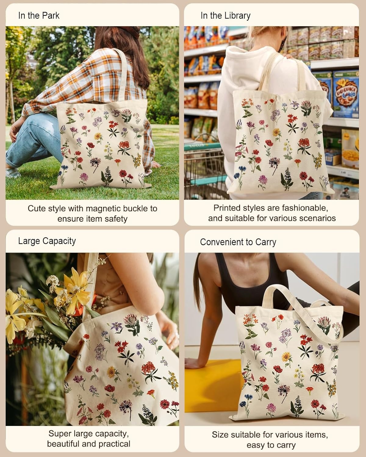 image:imageMiss Adola Aesthetic Tote Bag with Magnetic Buckle and Zipper Inner Pocket for Women Lady Cloth Cotton Tote Bag for Gym Work Travel Shopping Little Flower