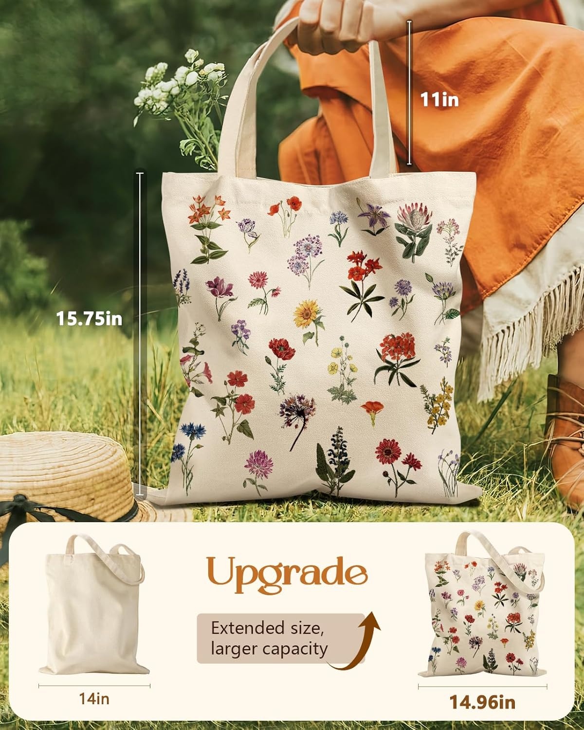 image:imageMiss Adola Aesthetic Tote Bag with Magnetic Buckle and Zipper Inner Pocket for Women Lady Cloth Cotton Tote Bag for Gym Work Travel Shopping Little Flower