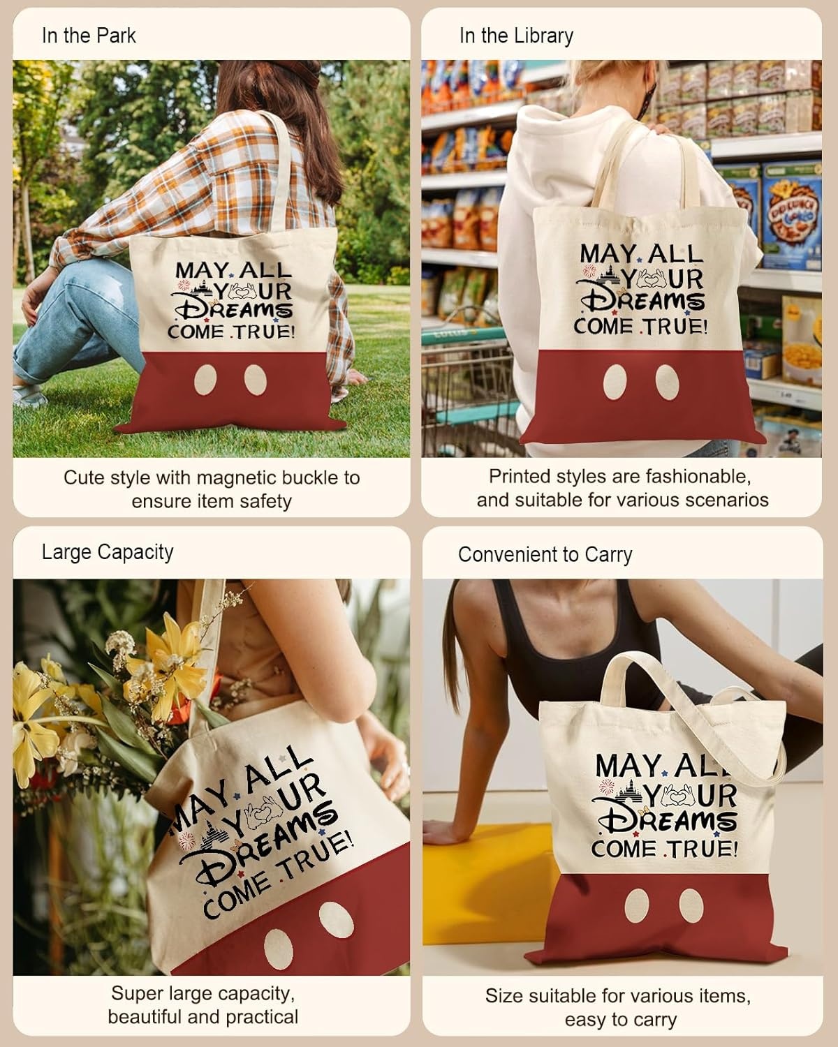 image:imageMiss Adola Aesthetic Tote Bag with Magnetic Buckle and Zipper Inner Pocket for Women Lady Cloth Cotton Tote Bag for Gym Work Travel Shopping Red Ball