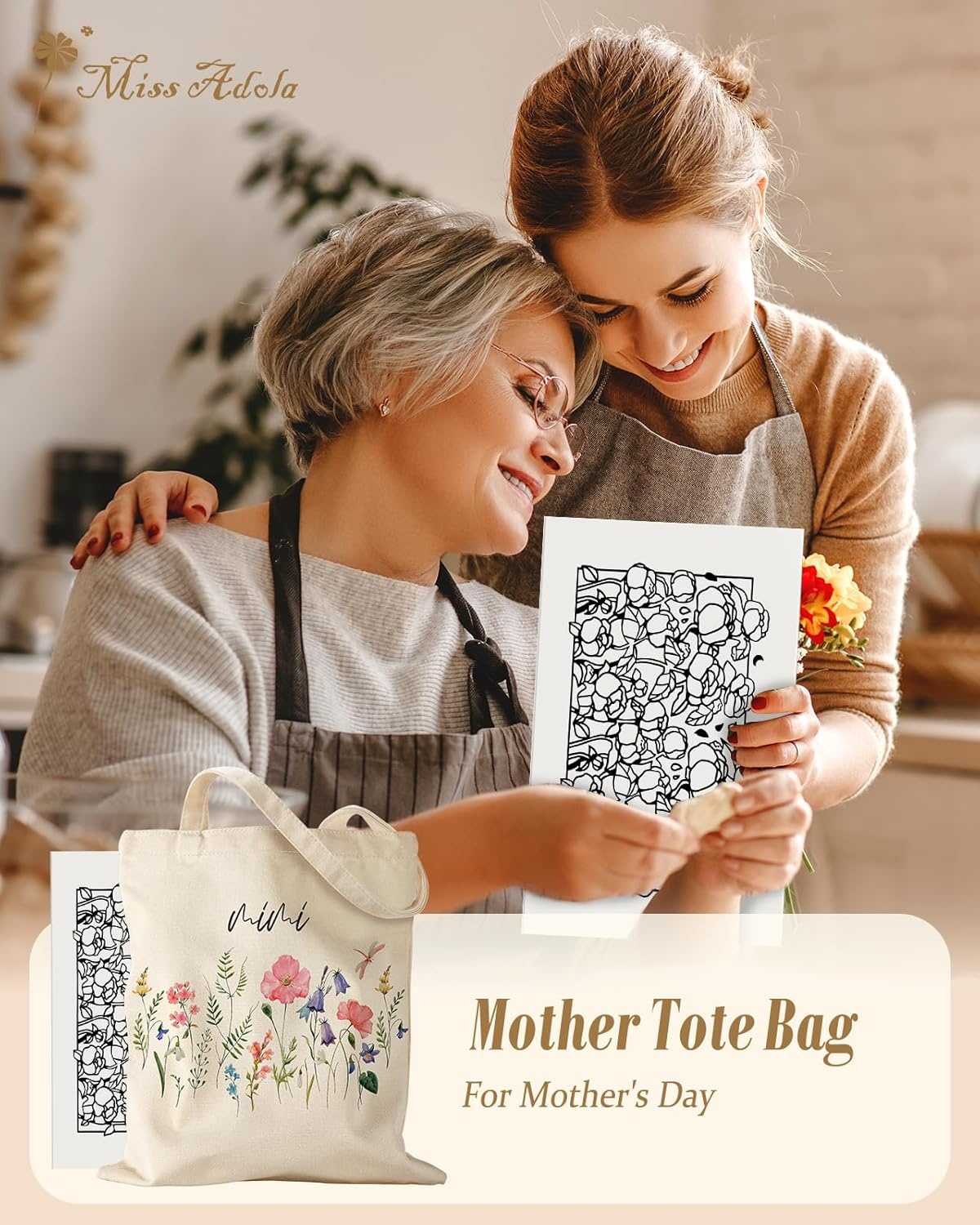 image:imageMiss Adola Canvas Mama Tote Bag for Women Aesthetic Cute Tote Bag Grandma Appreciation Resuable Shoulder Bag for DailyMimi Flowers