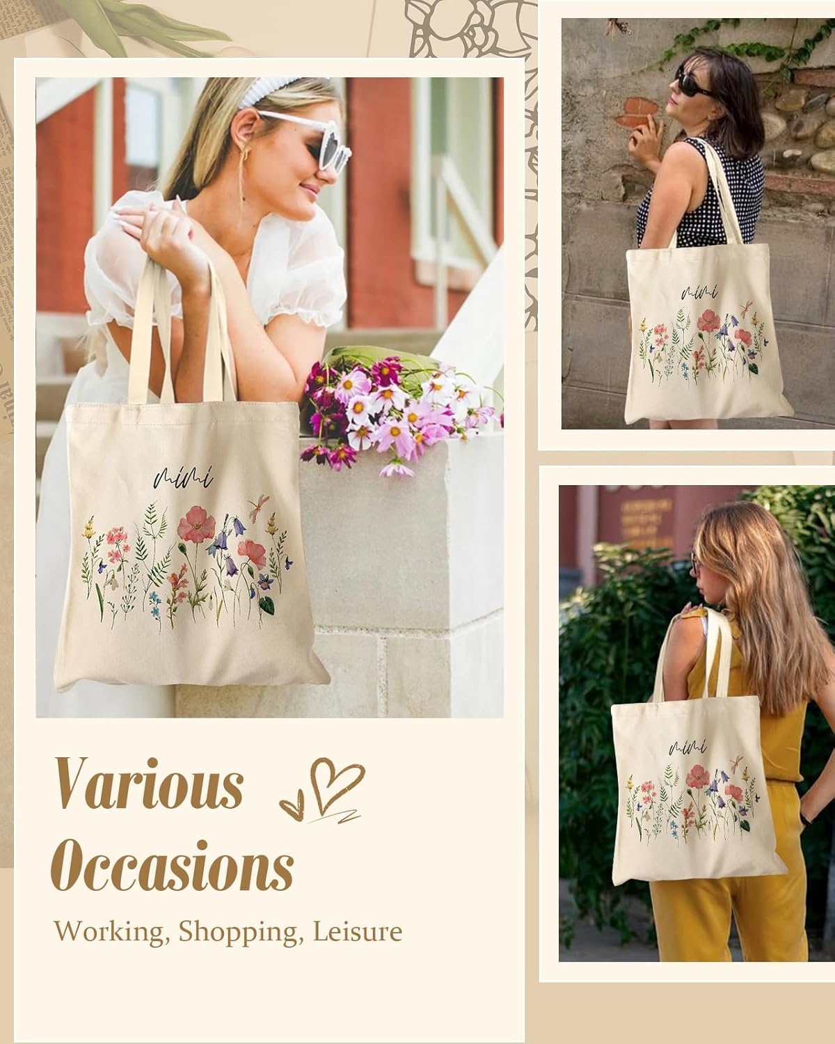 image:imageMiss Adola Canvas Mama Tote Bag for Women Aesthetic Cute Tote Bag Grandma Appreciation Resuable Shoulder Bag for DailyMimi Flowers