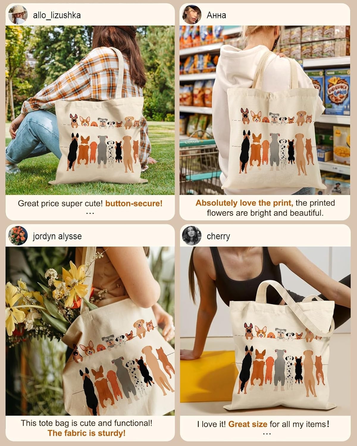image:imageMiss Adola Canvas Tote Bag for Women Aesthetic Canvas Bag with Zipper Cute Stylish Reusable Shoulder Totes for Shopping Work Daily Vacation Bianfu FlowerMulti Puppies