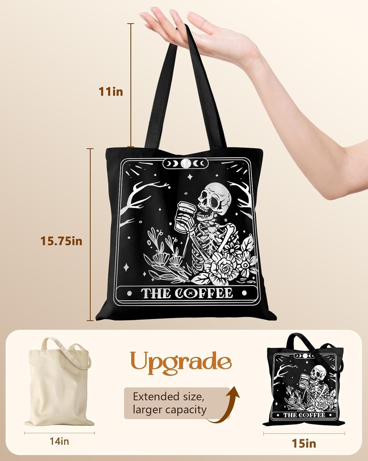 image:imageMiss Adola Canvas Tote Bag for Women Aesthetic Canvas Bag with Zipper Cute Stylish Reusable Shoulder Totes for Shopping Work Daily Vacation Bianfu FlowerCoffee Skull