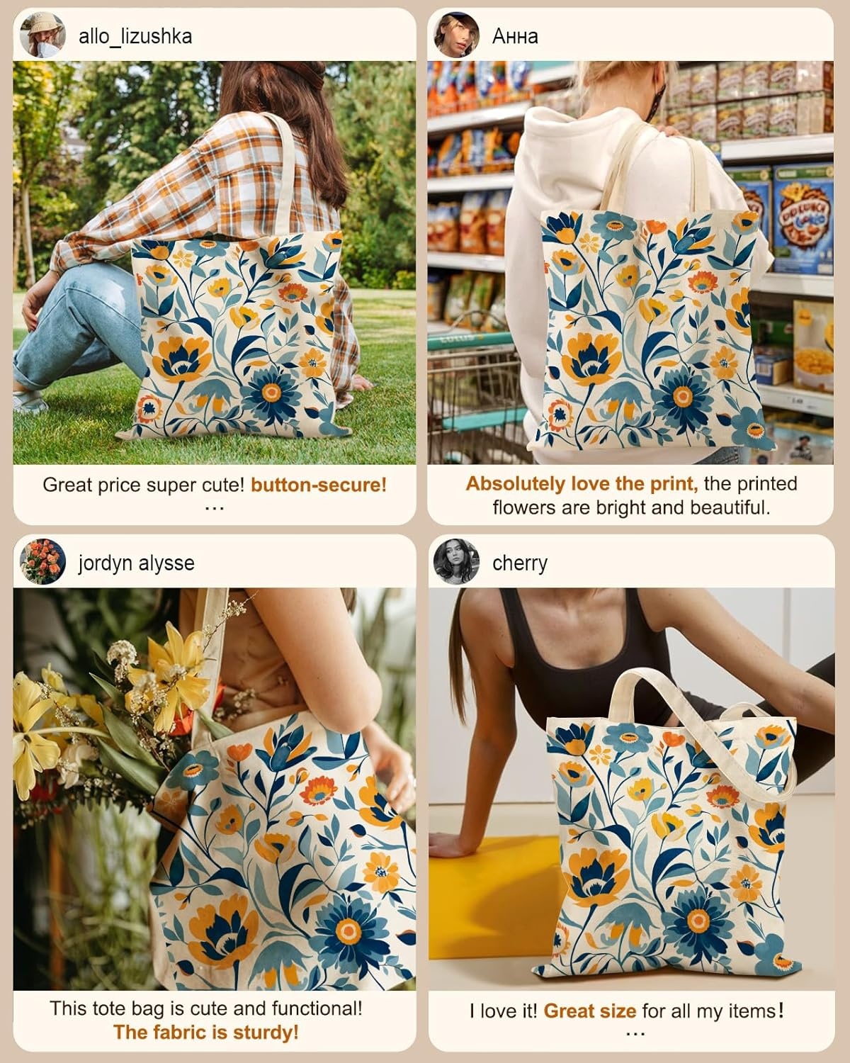 image:imageMiss Adola Canvas Tote Bag for Women Aesthetic Canvas Bag with Zipper Cute Stylish Reusable Shoulder Totes for Shopping Work Daily Vacation Bianfu FlowerBlue Yellow Flower