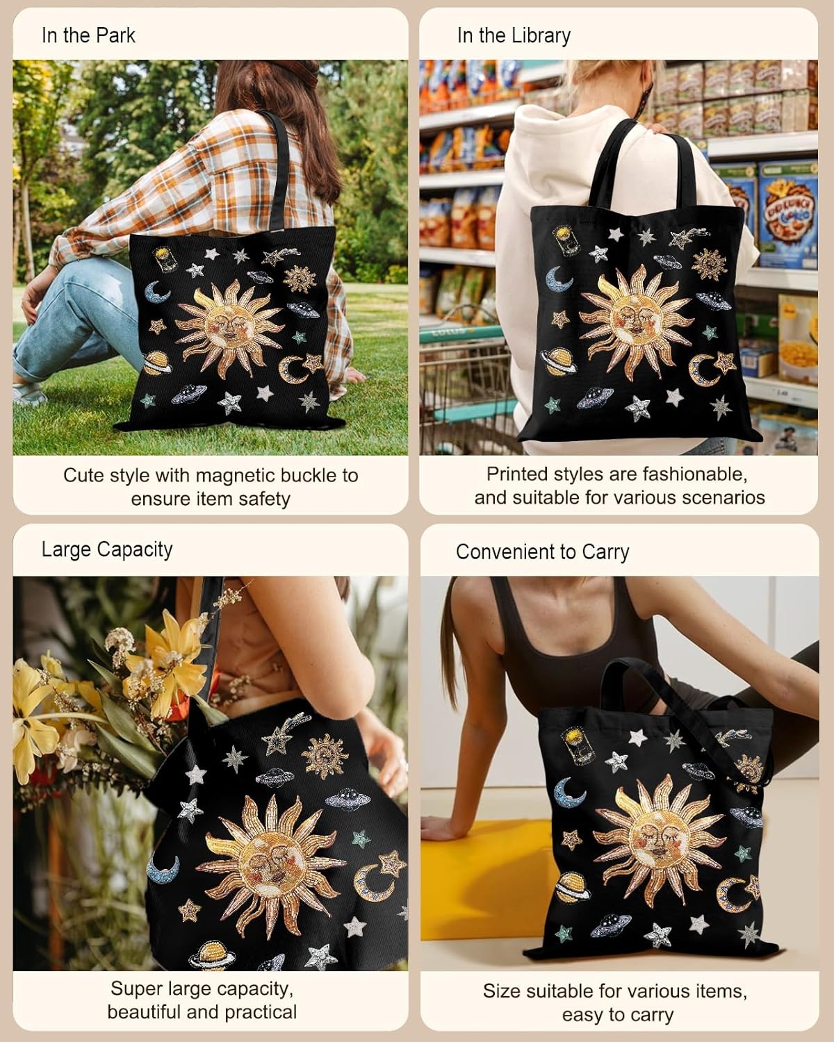 image:imageMiss Adola Canvas Tote Bag for Women Aesthetic Canvas Bag with Zipper Cute Stylish Reusable Shoulder Totes for Shopping Work Daily Vacation Bianfu FlowerSun Planets