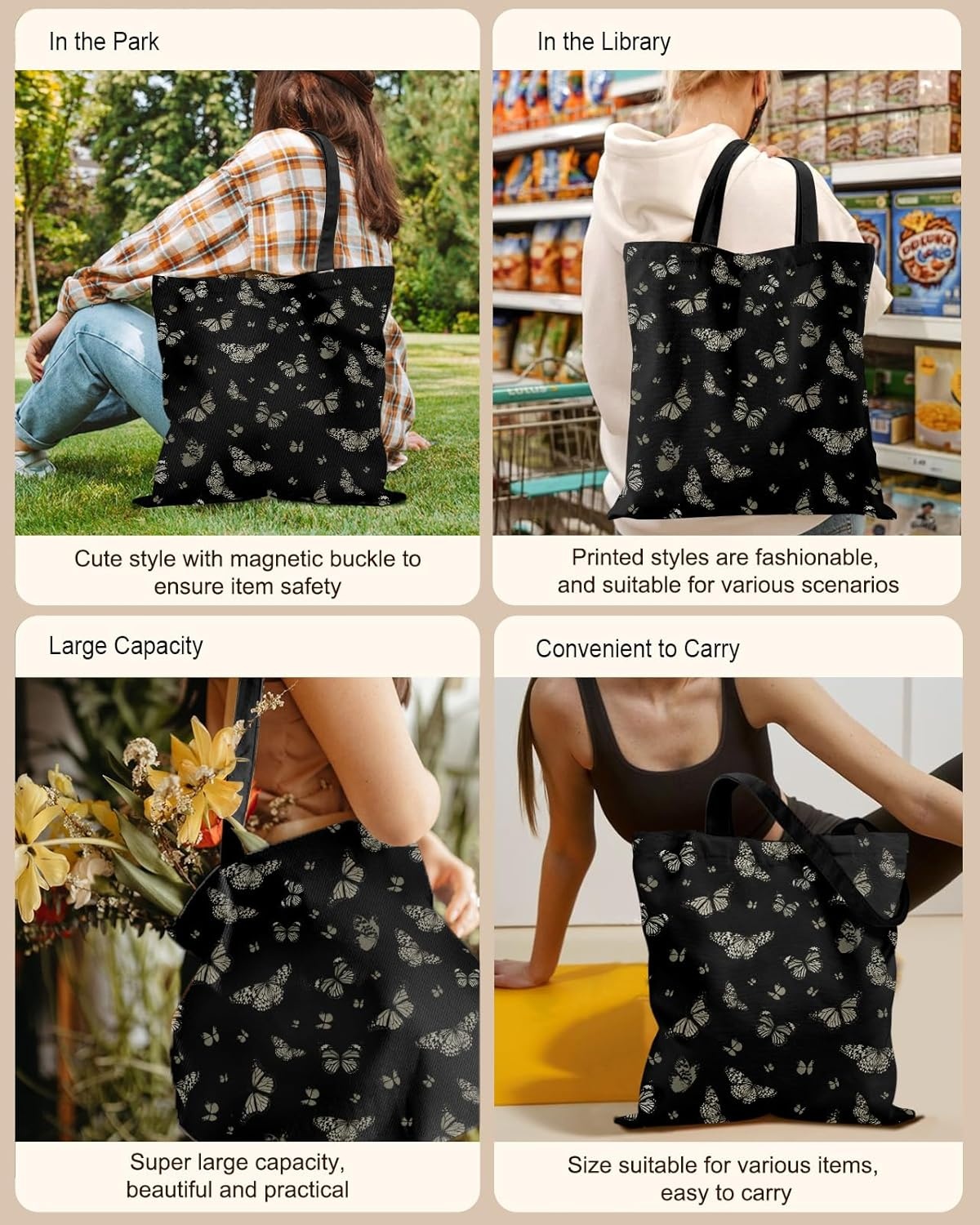 image:imageMiss Adola Canvas Tote Bag for Women Aesthetic Canvas Bag with Zipper Cute Stylish Reusable Shoulder Totes for Shopping Work Daily Vacation Bianfu FlowerBlack Butterfly