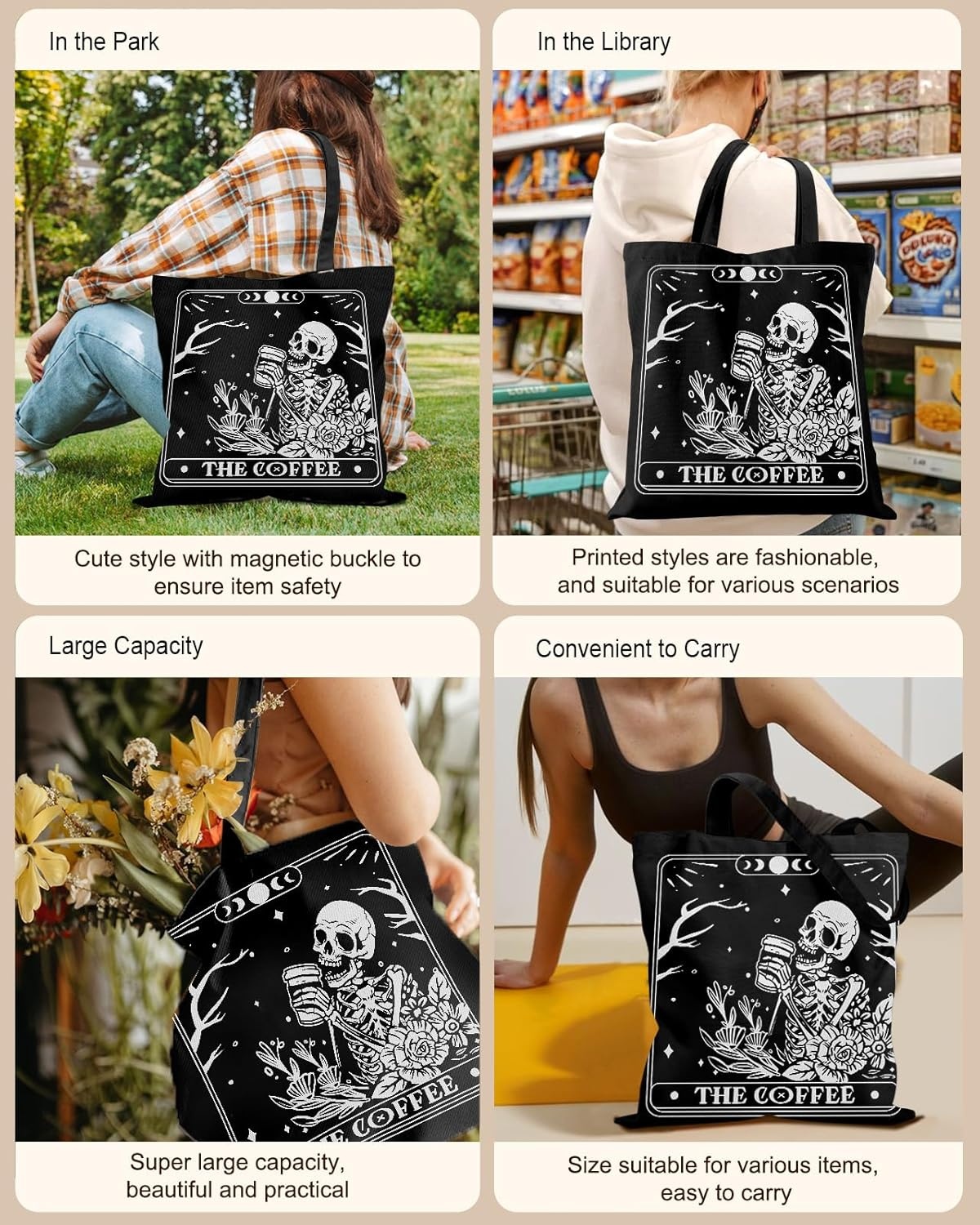 image:imageMiss Adola Canvas Tote Bag for Women Aesthetic Canvas Bag with Zipper Cute Stylish Reusable Shoulder Totes for Shopping Work Daily Vacation Bianfu FlowerCoffee Skull