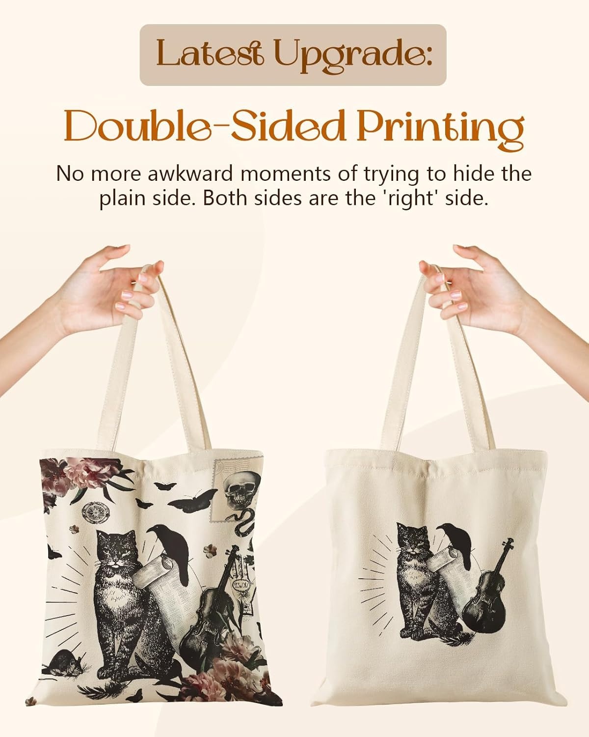 image:imageMiss Adola Canvas Tote Bag for Women Aesthetic Canvas Bag with Zipper Cute Stylish Reusable Shoulder Totes for Shopping Work Daily Vacation Bianfu FlowerCrow Cat