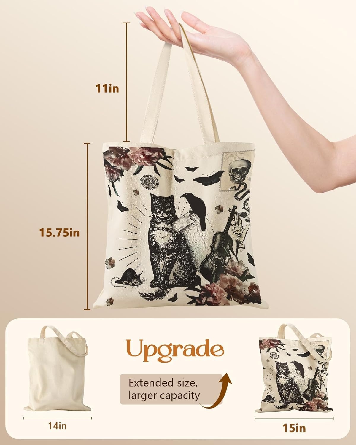 image:imageMiss Adola Canvas Tote Bag for Women Aesthetic Canvas Bag with Zipper Cute Stylish Reusable Shoulder Totes for Shopping Work Daily Vacation Bianfu FlowerCrow Cat