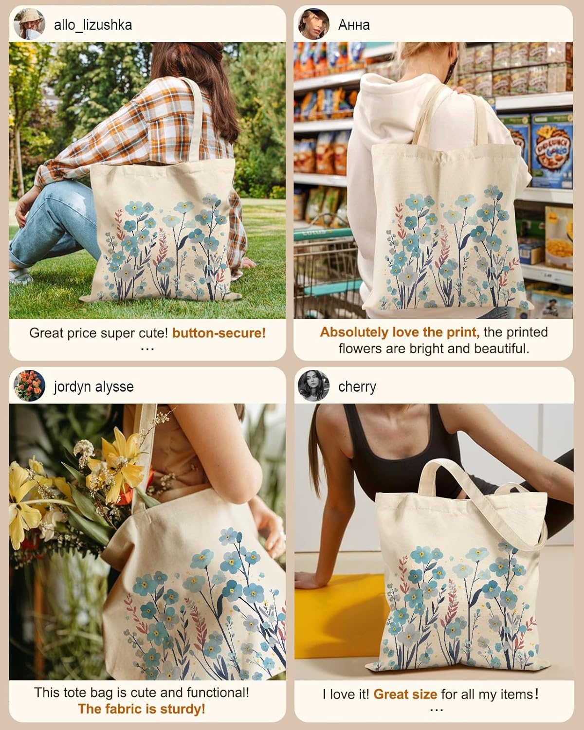 image:imageMiss Adola Canvas Tote Bag for Women Aesthetic Canvas Bag with Zipper Cute Stylish Reusable Shoulder Totes for Shopping Work Daily Vacation Bianfu FlowerBlue Flowers