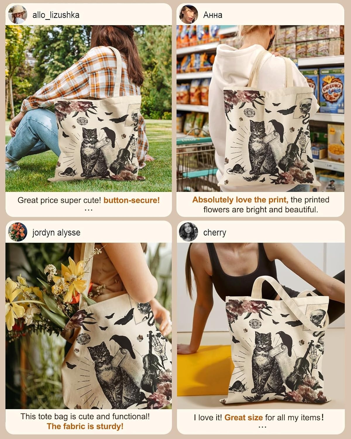 image:imageMiss Adola Canvas Tote Bag for Women Aesthetic Canvas Bag with Zipper Cute Stylish Reusable Shoulder Totes for Shopping Work Daily Vacation Bianfu FlowerCrow Cat
