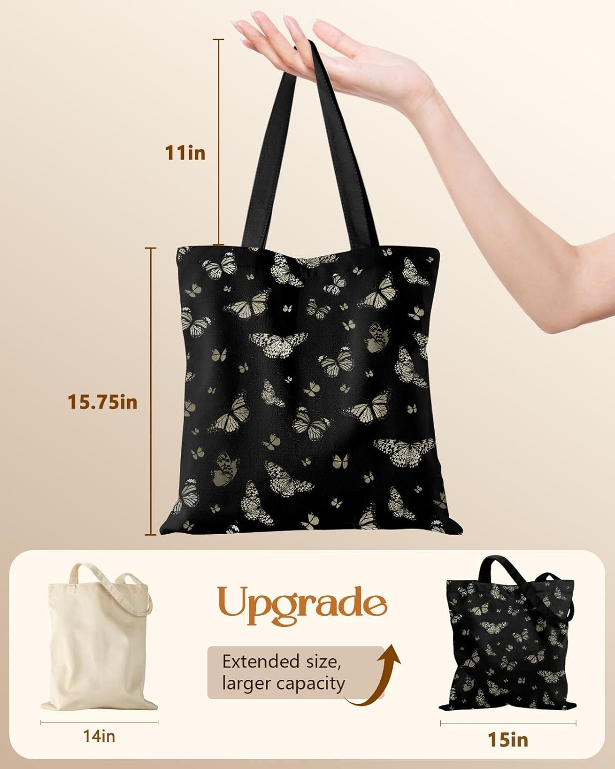 image:imageMiss Adola Canvas Tote Bag for Women Aesthetic Canvas Bag with Zipper Cute Stylish Reusable Shoulder Totes for Shopping Work Daily Vacation Bianfu FlowerBlack Butterfly