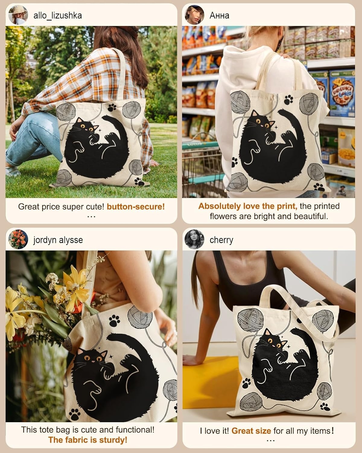 image:imageMiss Adola Canvas Tote Bag with Zipper Cute Canvas Bags for Women Aesthetic Design Reusable Totes for Shopping Work TravelBlack Cat