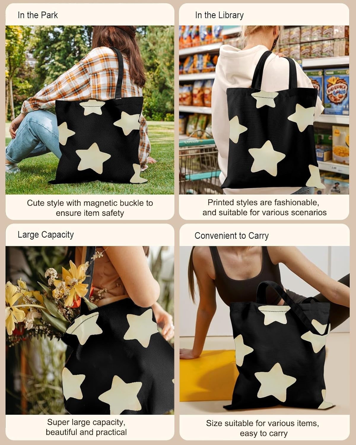 image:imageMiss Adola Canvas Tote Bag with Zipper Cute Canvas Bags for Women Aesthetic Design Reusable Totes for Shopping Work TravelBlack Stars