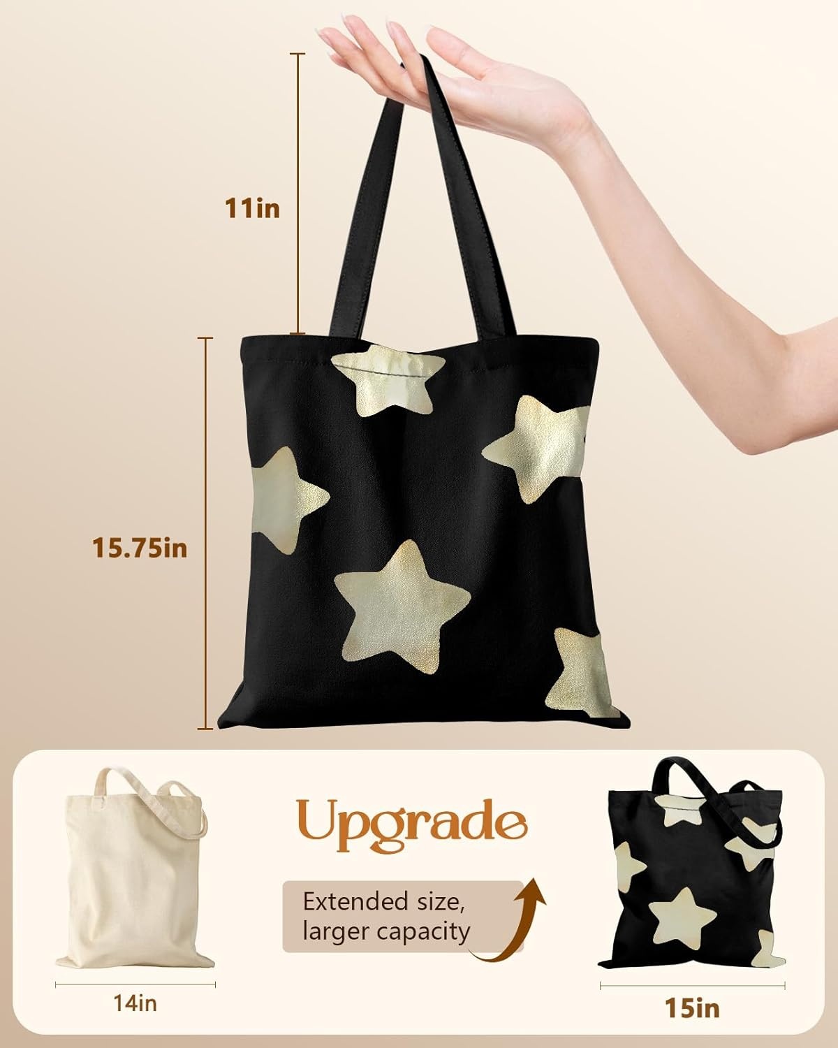 image:imageMiss Adola Canvas Tote Bag with Zipper Cute Canvas Bags for Women Aesthetic Design Reusable Totes for Shopping Work TravelBlack Stars