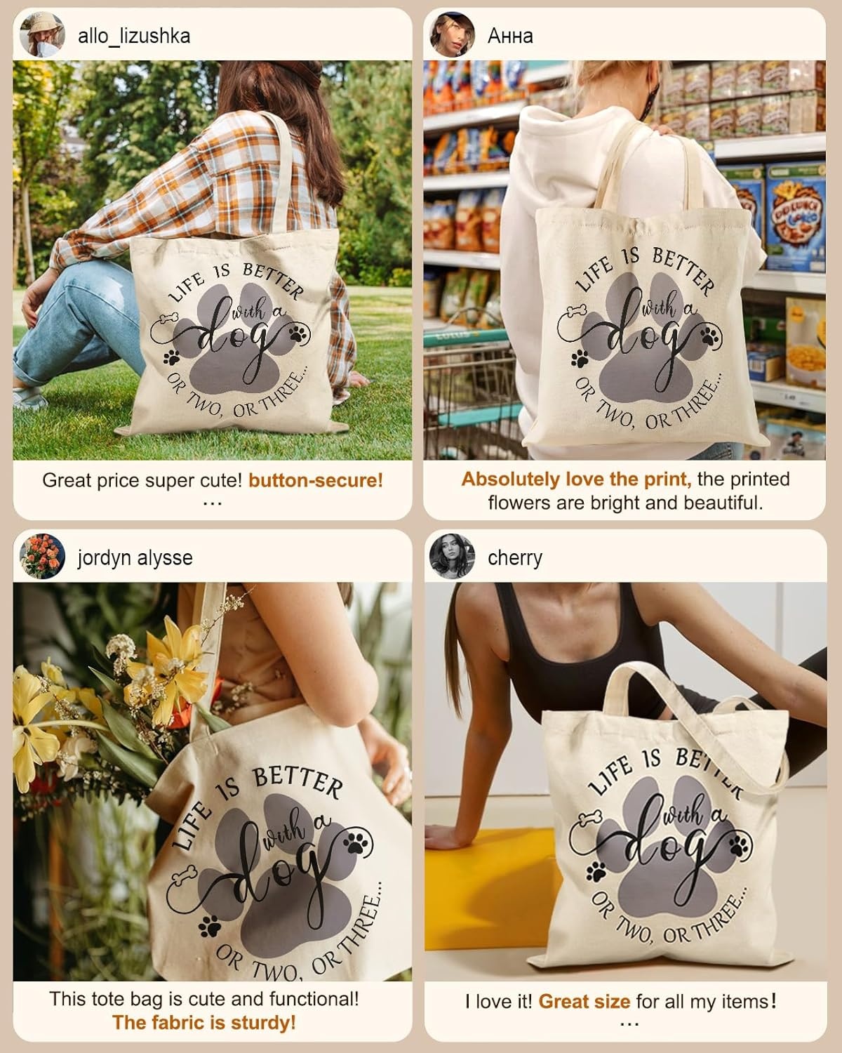 image:imageMiss Adola Canvas Tote Bag with Zipper Cute Canvas Bags for Women Aesthetic Design Reusable Totes for Shopping Work TravelDog Paw