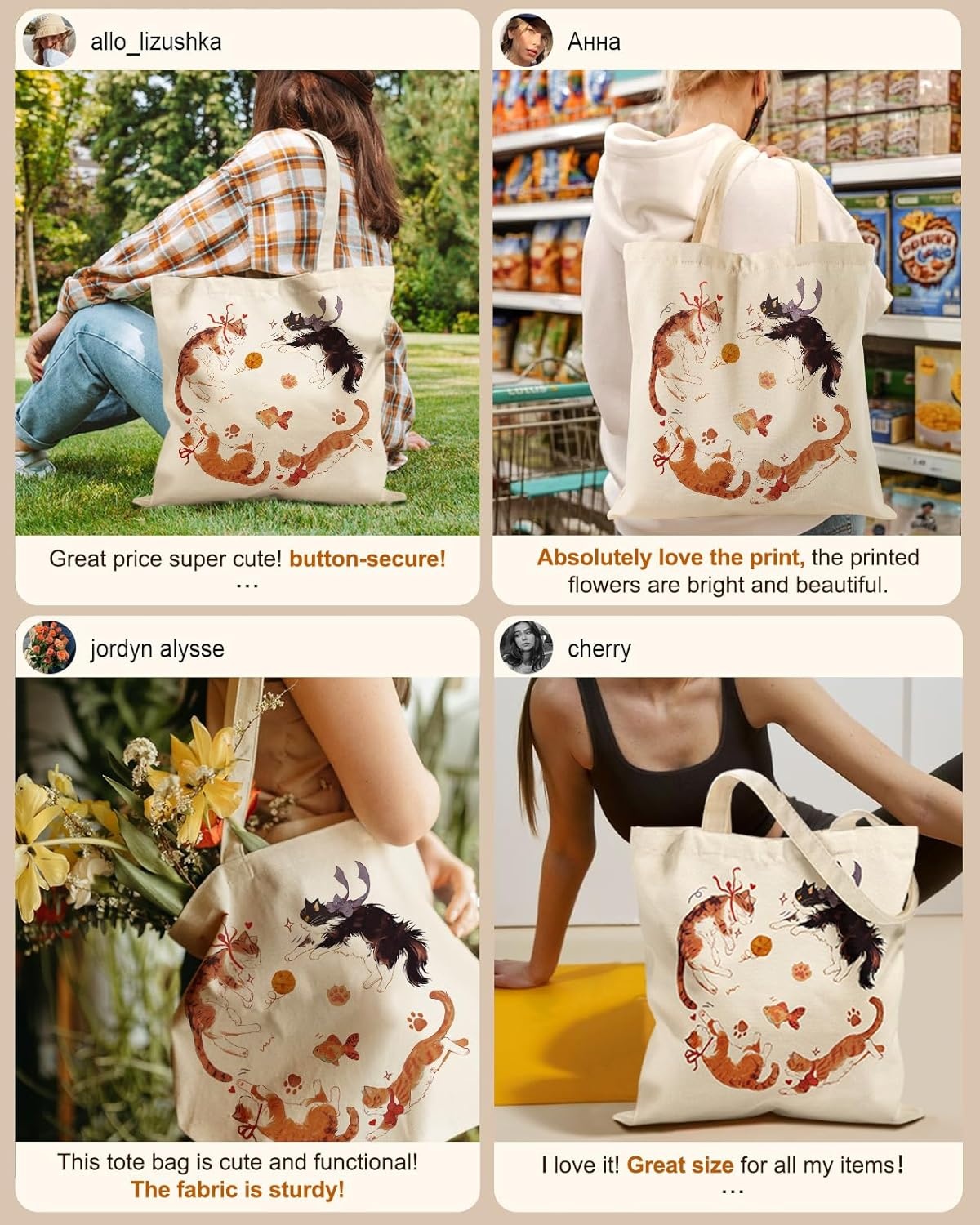 image:imageMiss Adola Canvas Tote Bag with Zipper Cute Canvas Bags for Women Aesthetic Design Reusable Totes for Shopping Work TravelFour Cats