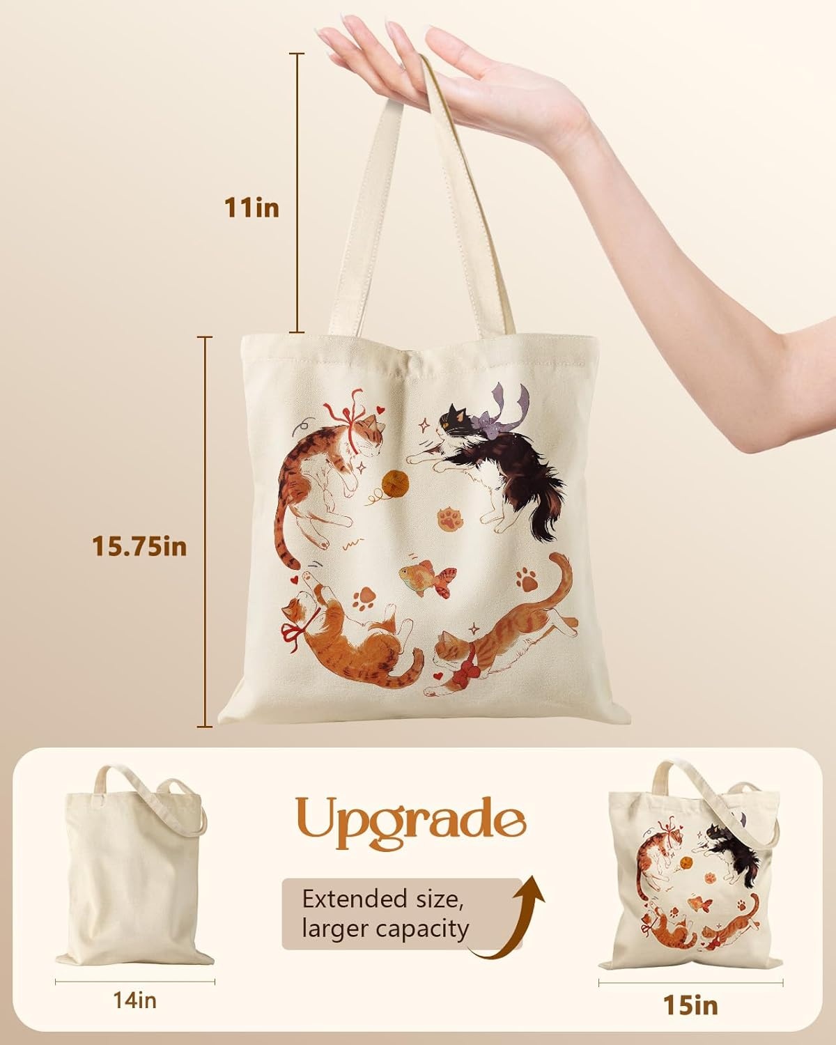 image:imageMiss Adola Canvas Tote Bag with Zipper Cute Canvas Bags for Women Aesthetic Design Reusable Totes for Shopping Work TravelFour Cats