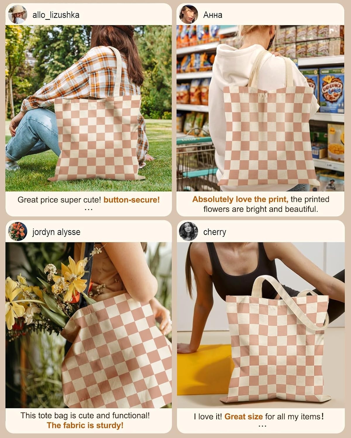 image:imageMiss Adola Canvas Tote Bag with Zipper Cute Canvas Bags for Women Aesthetic Design Reusable Totes for Shopping Work TravelKhaki Plaid