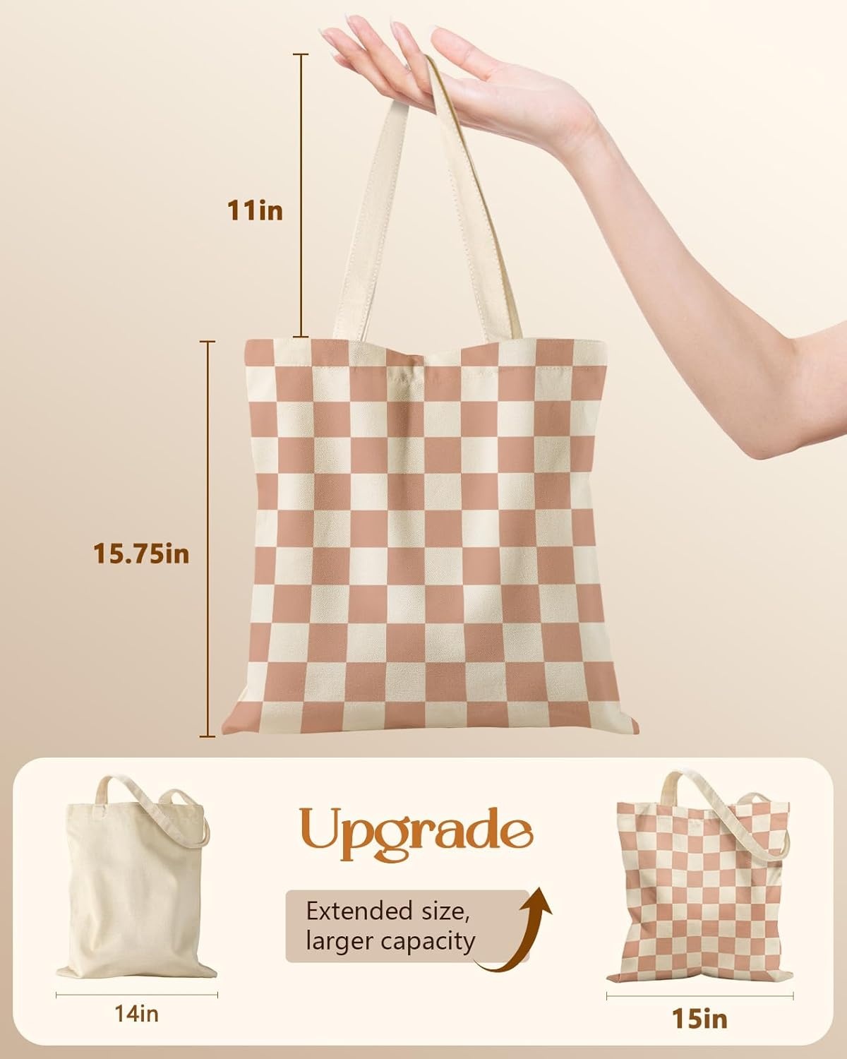 image:imageMiss Adola Canvas Tote Bag with Zipper Cute Canvas Bags for Women Aesthetic Design Reusable Totes for Shopping Work TravelKhaki Plaid
