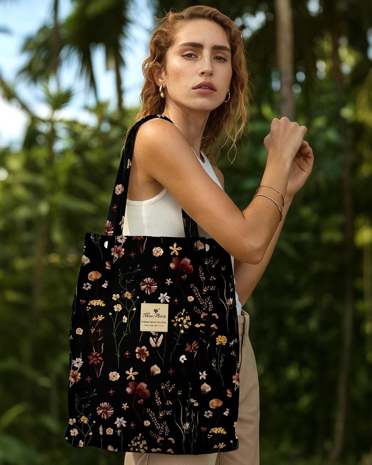 image:imageMiss Adola Corduroy Tote Bag for Women Reusable Totes with Magnetic Buckle amp Pocket Aesthetic Design Work Grocery BagsBlack Grow Flower