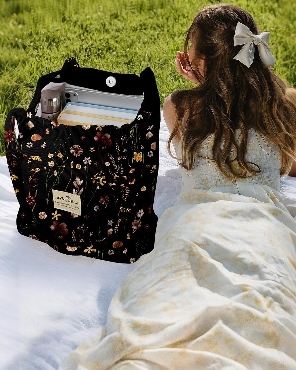 image:imageMiss Adola Corduroy Tote Bag for Women Reusable Totes with Magnetic Buckle amp Pocket Aesthetic Design Work Grocery BagsBlack Grow Flower