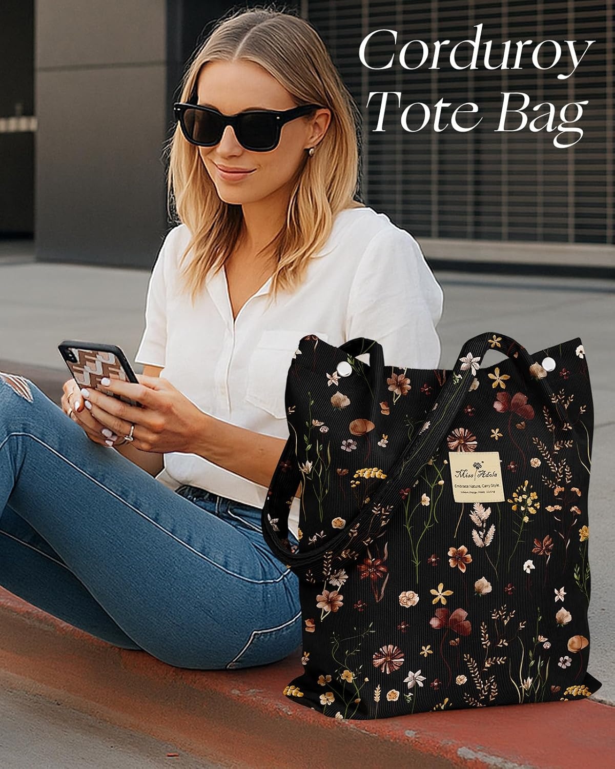 image:imageMiss Adola Corduroy Tote Bag for Women Reusable Totes with Magnetic Buckle amp Pocket Aesthetic Design Work Grocery BagsBlack Grow Flower
