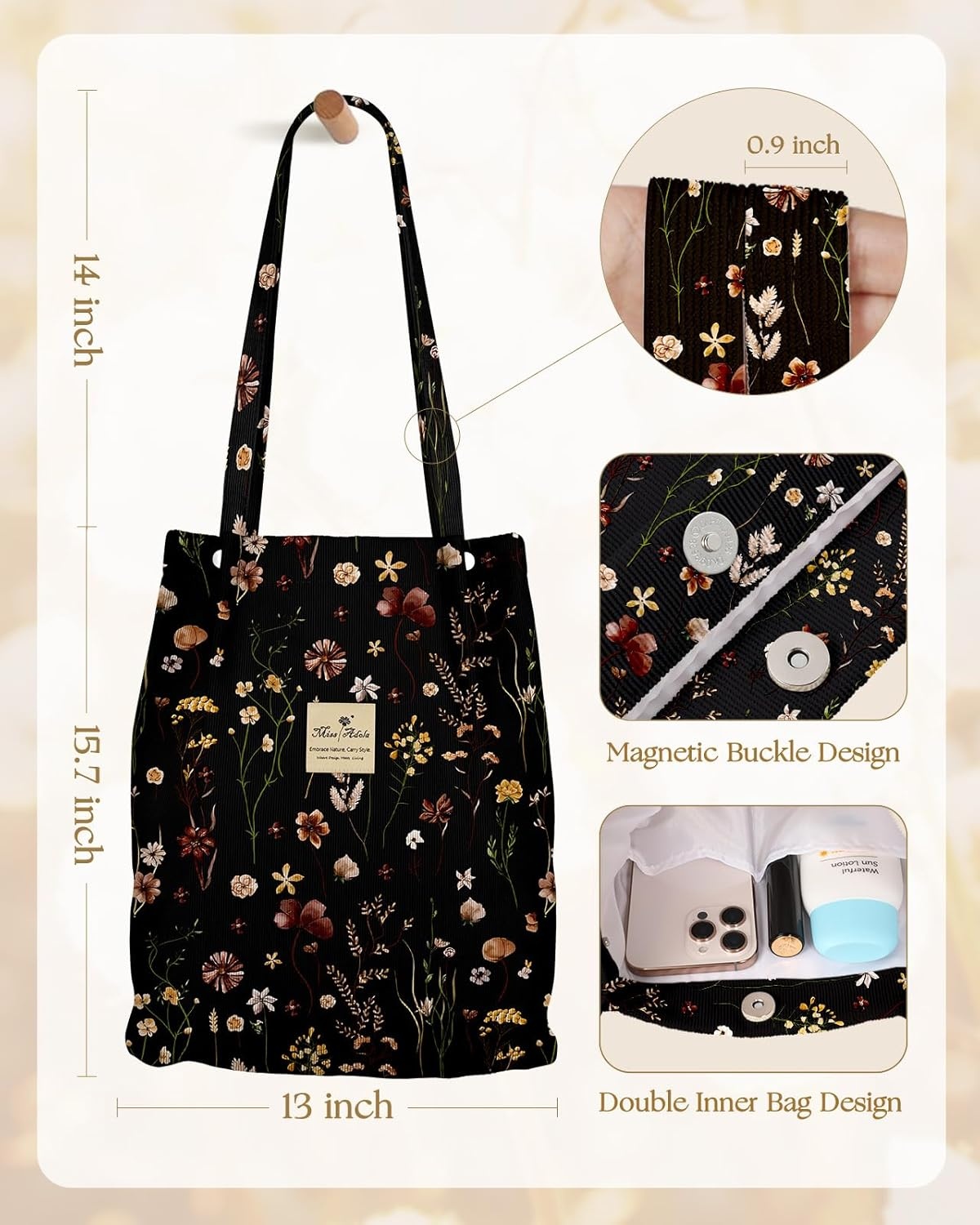 image:imageMiss Adola Corduroy Tote Bag for Women Reusable Totes with Magnetic Buckle amp Pocket Aesthetic Design Work Grocery BagsBlack Grow Flower