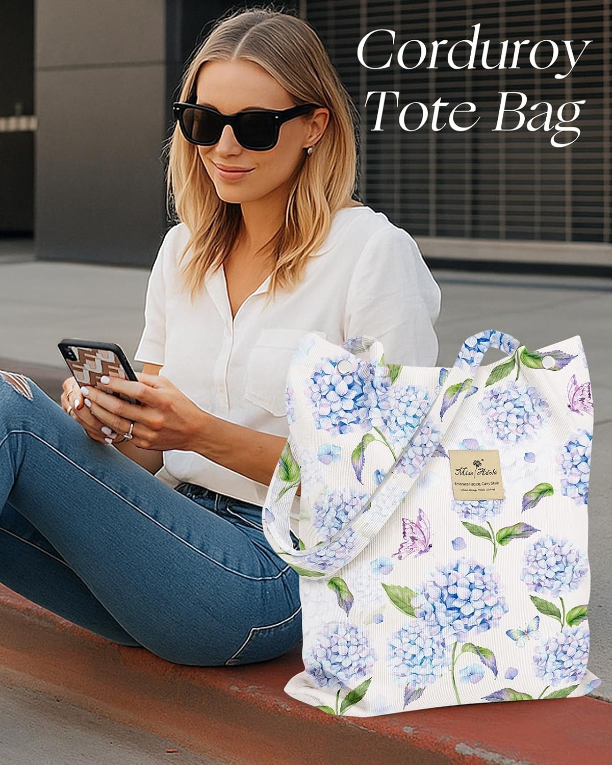 image:imageMiss Adola Corduroy Tote Bag for Women Reusable Totes with Magnetic Buckle amp Pocket Aesthetic Design Work Grocery BagsBlue Hydrangea