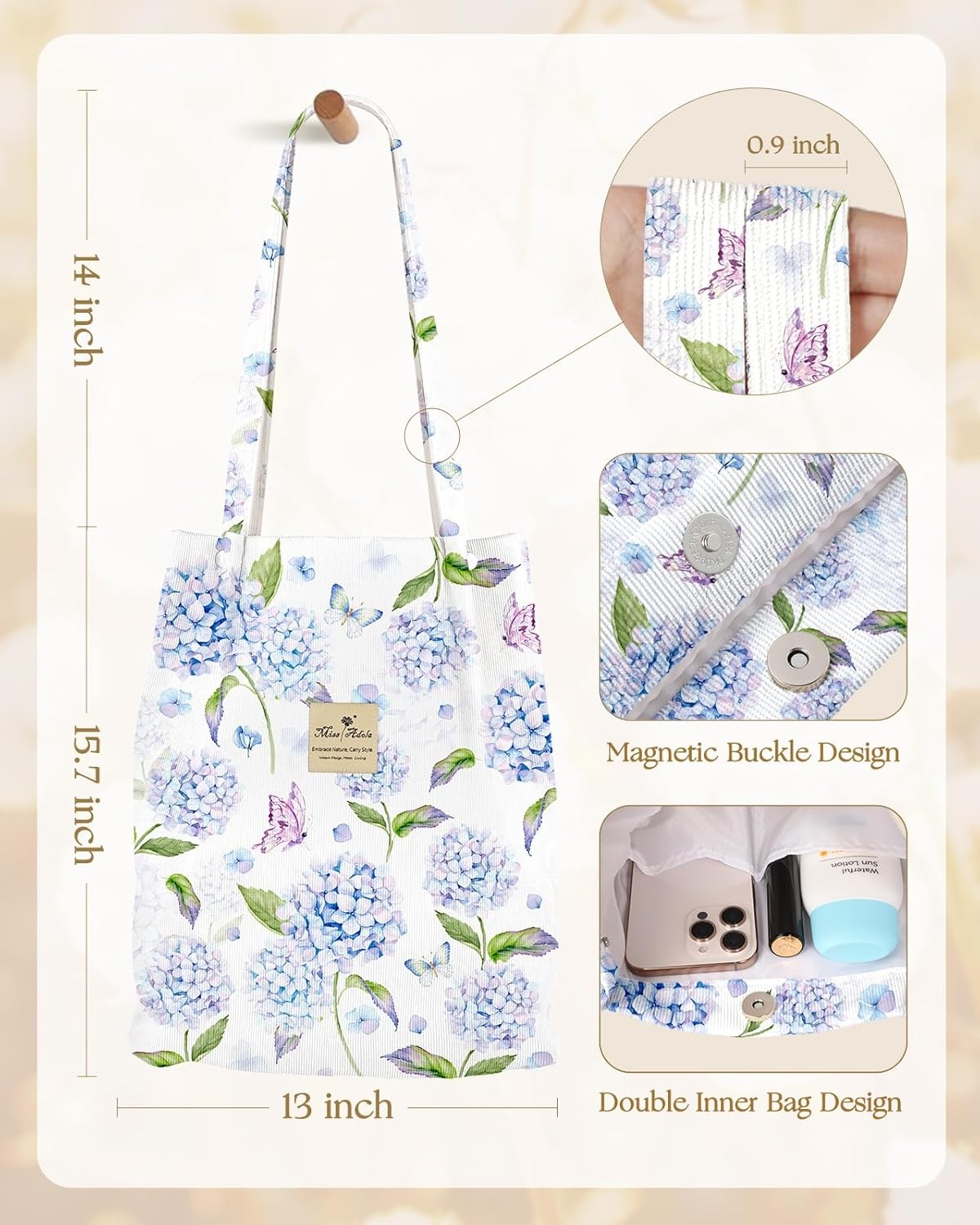 image:imageMiss Adola Corduroy Tote Bag for Women Reusable Totes with Magnetic Buckle amp Pocket Aesthetic Design Work Grocery BagsBlue Hydrangea