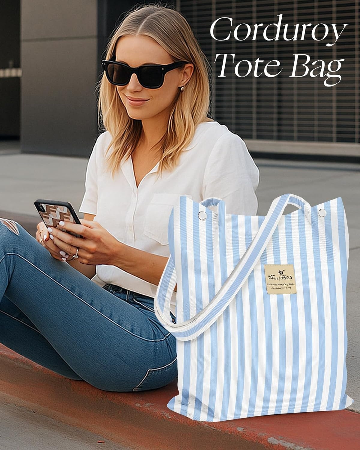 image:imageMiss Adola Corduroy Tote Bag for Women Reusable Totes with Magnetic Buckle amp Pocket Aesthetic Design Work Grocery BagsBlue Stripe
