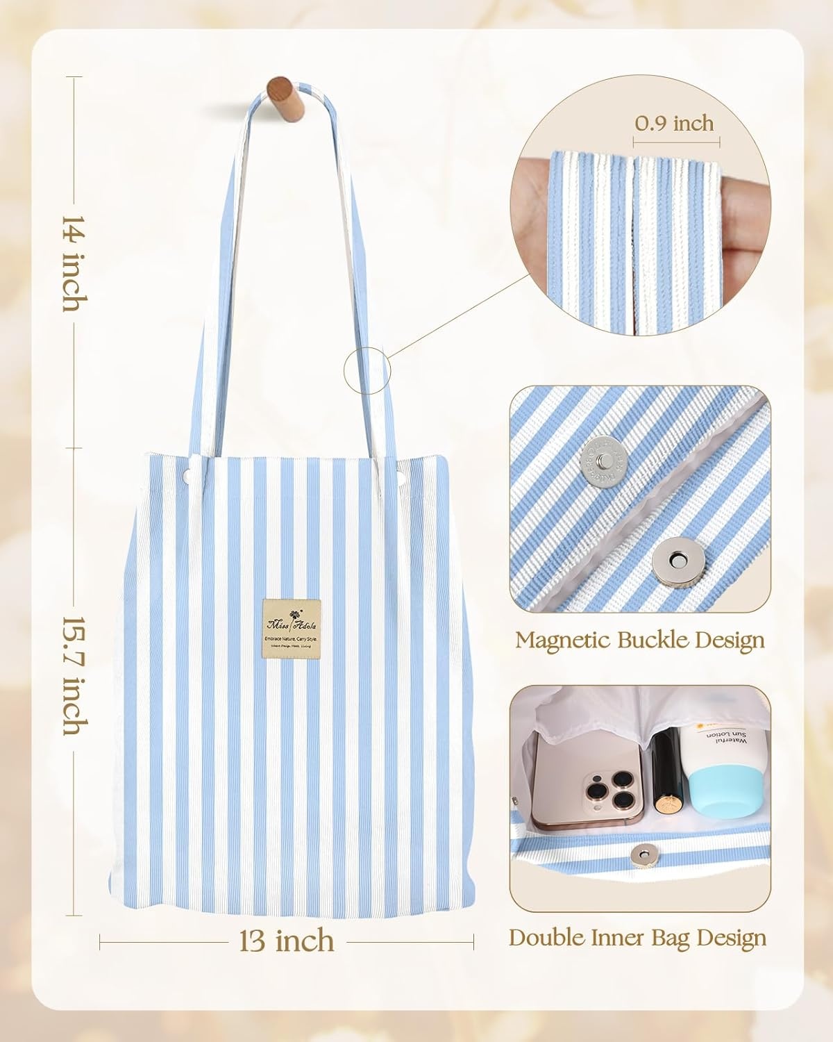 image:imageMiss Adola Corduroy Tote Bag for Women Reusable Totes with Magnetic Buckle amp Pocket Aesthetic Design Work Grocery BagsBlue Stripe