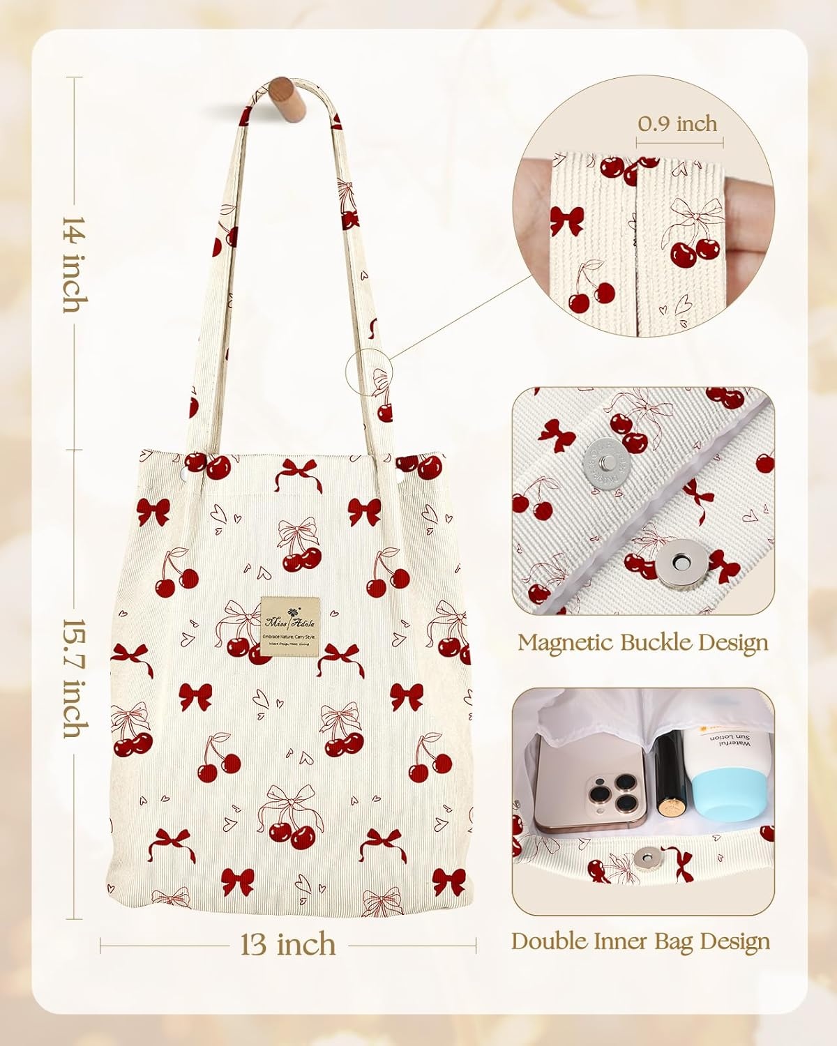 image:imageMiss Adola Corduroy Tote Bag for Women Reusable Totes with Magnetic Buckle amp Pocket Aesthetic Design Work Grocery BagsBow Cherry