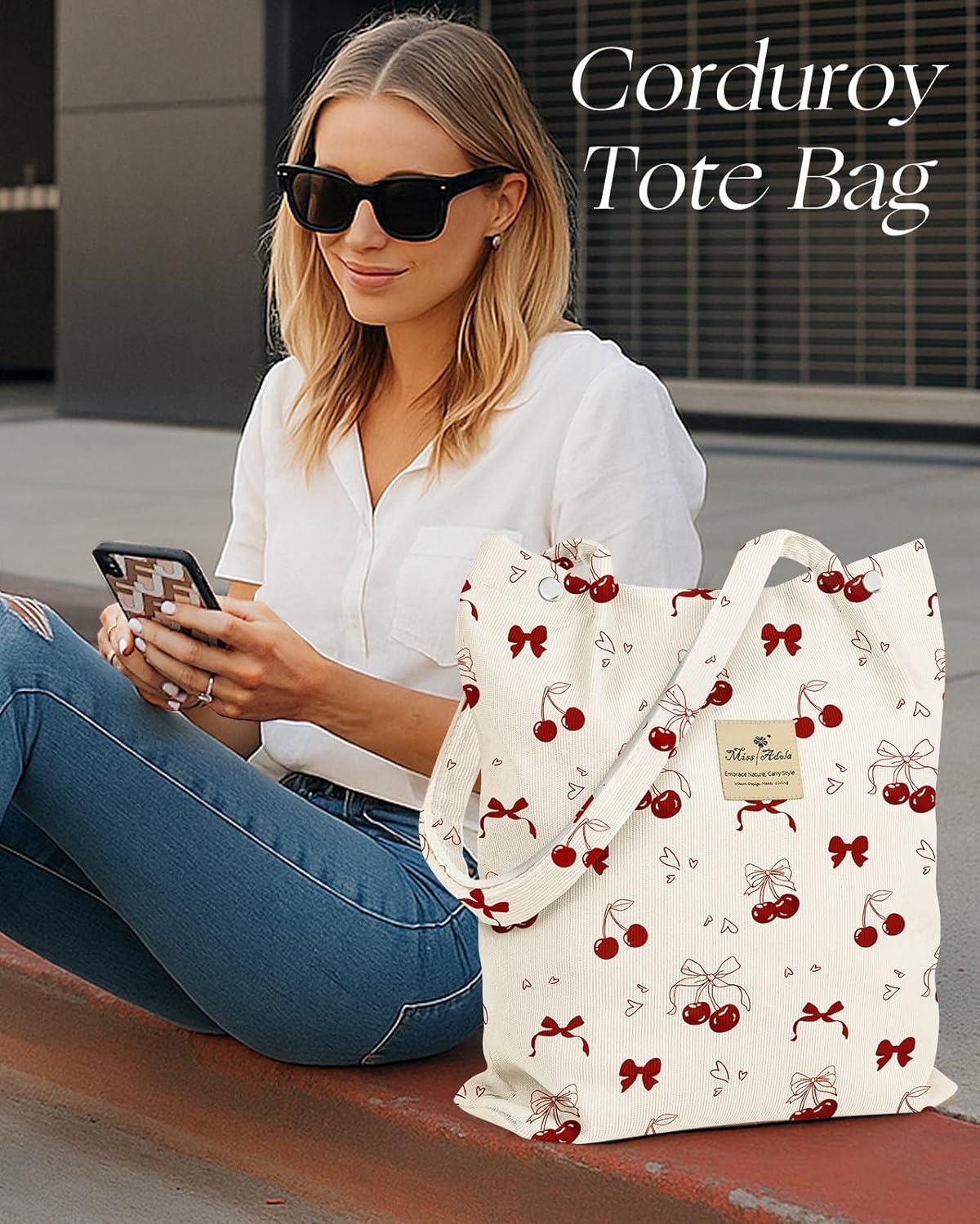 image:imageMiss Adola Corduroy Tote Bag for Women Reusable Totes with Magnetic Buckle amp Pocket Aesthetic Design Work Grocery BagsBow Cherry
