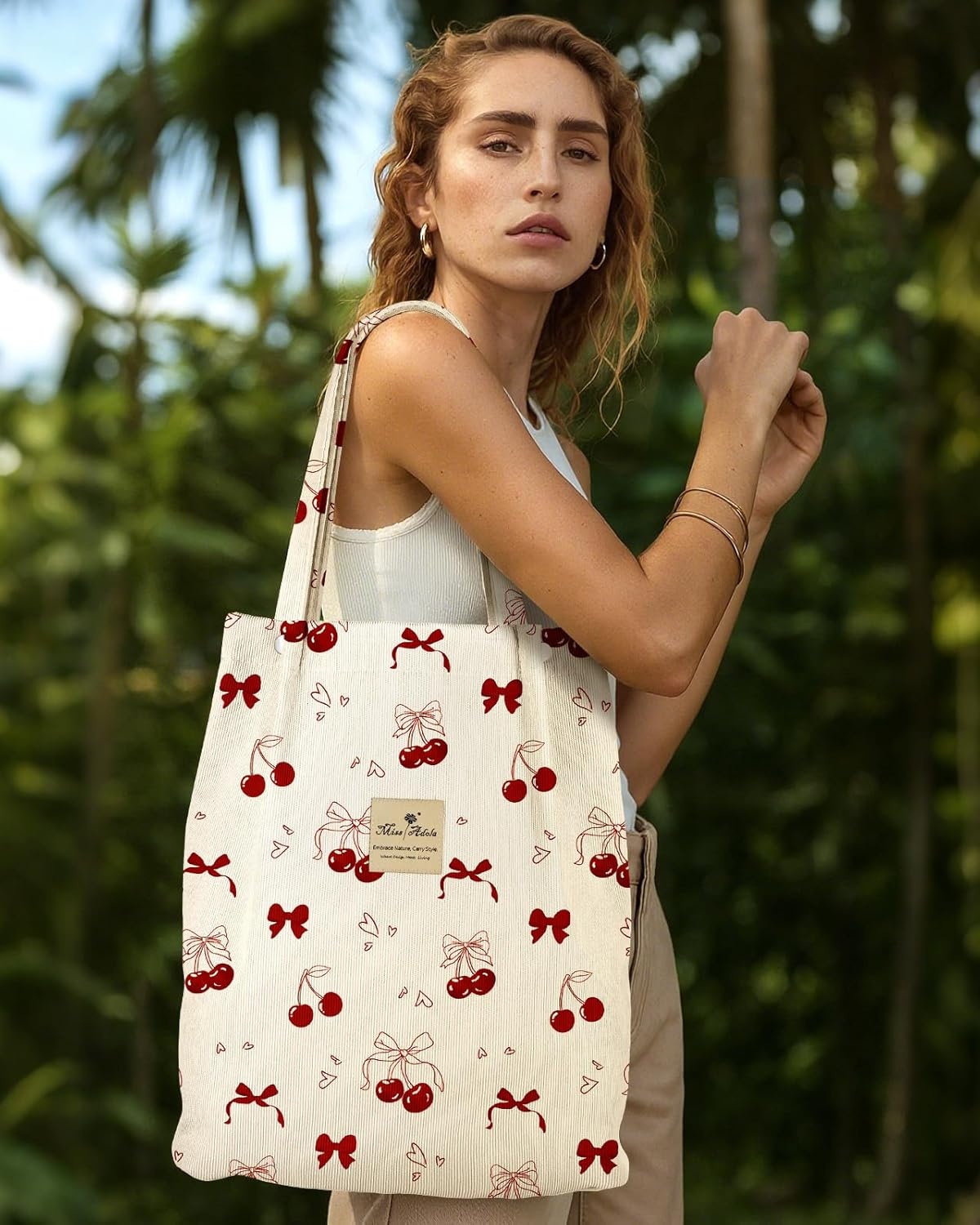 image:imageMiss Adola Corduroy Tote Bag for Women Reusable Totes with Magnetic Buckle amp Pocket Aesthetic Design Work Grocery BagsBow Cherry