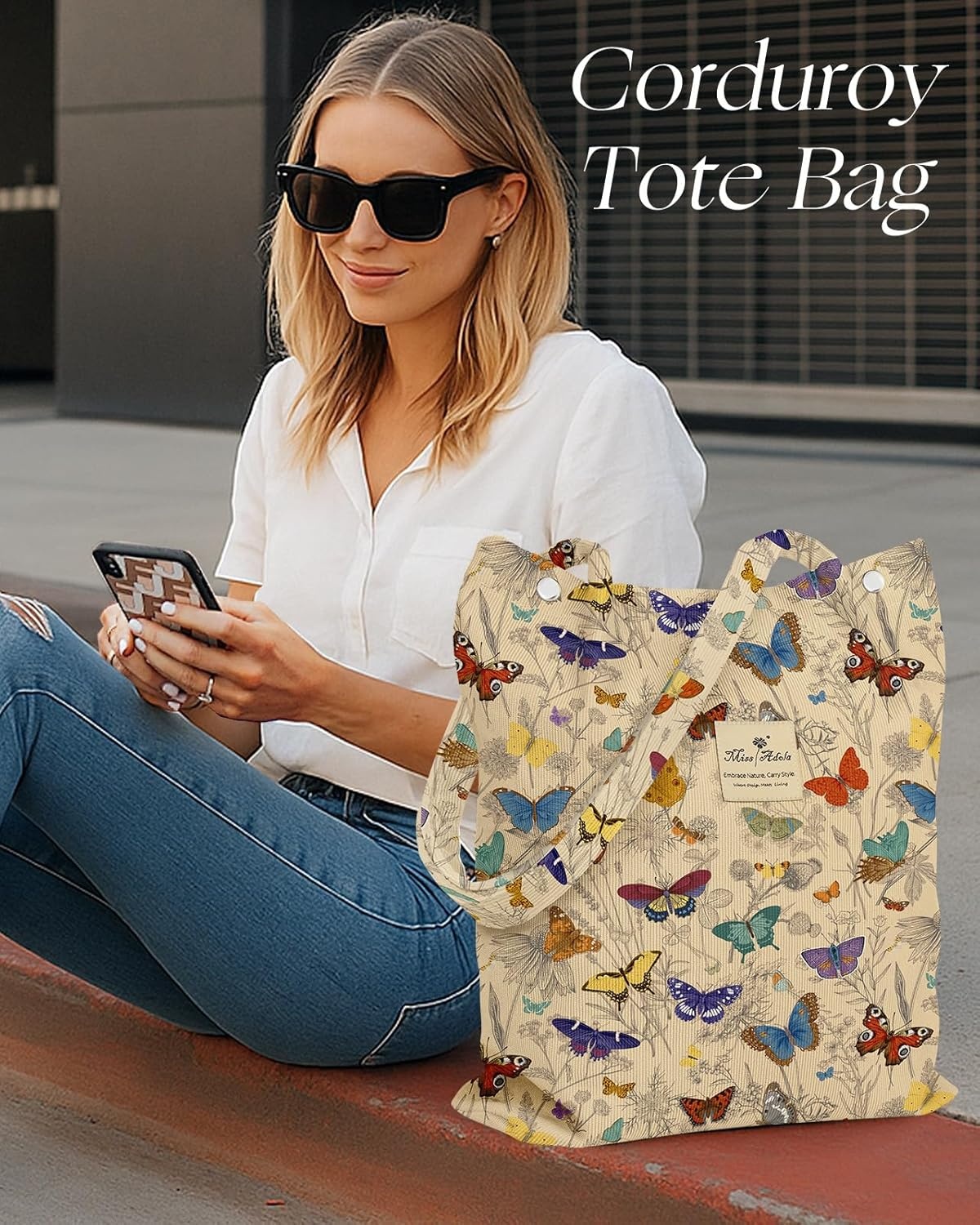 image:imageMiss Adola Corduroy Tote Bag for Women Reusable Totes with Magnetic Buckle amp Pocket Aesthetic Design Work Grocery BagsButterfly Line Flower