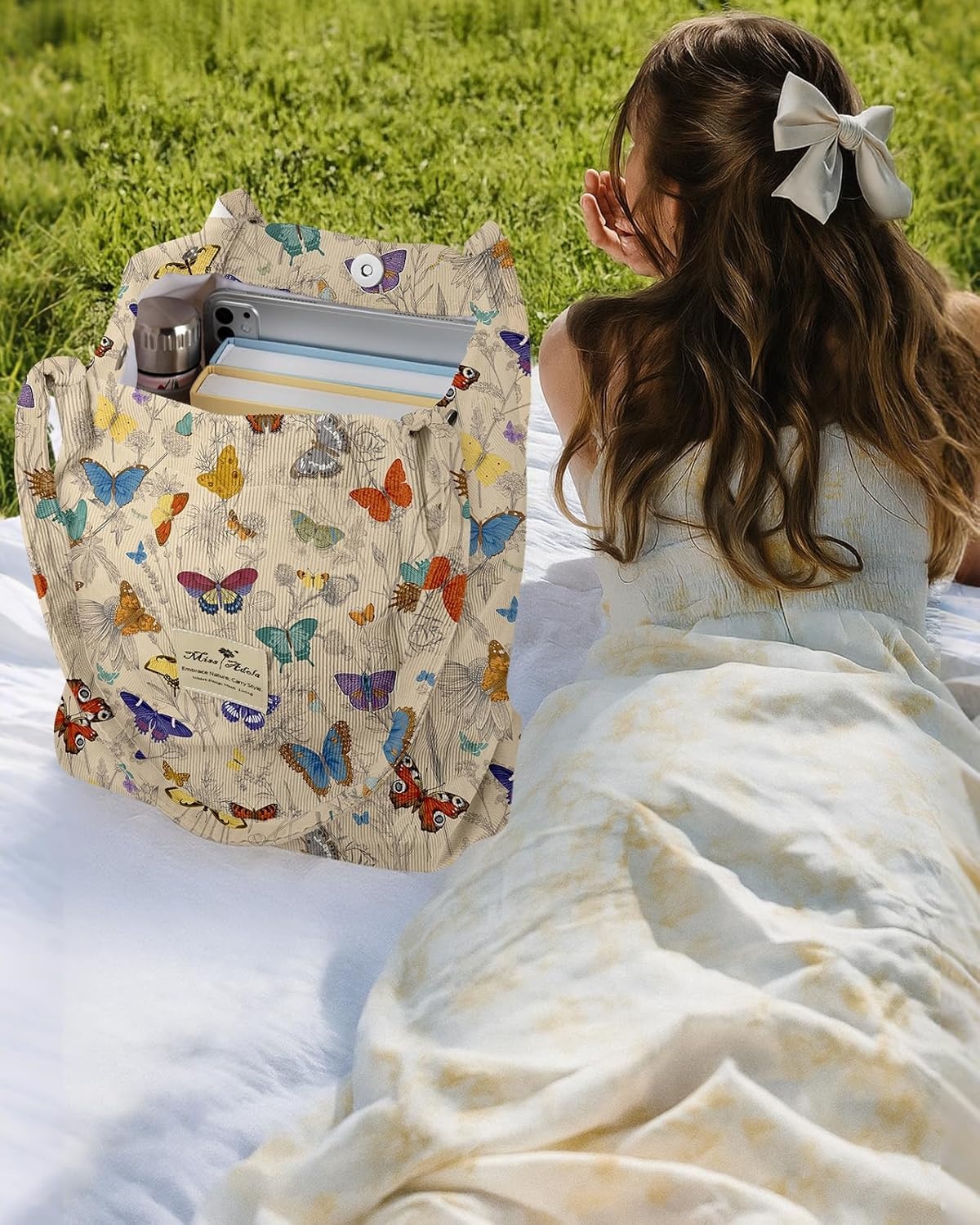 image:imageMiss Adola Corduroy Tote Bag for Women Reusable Totes with Magnetic Buckle amp Pocket Aesthetic Design Work Grocery BagsButterfly Line Flower