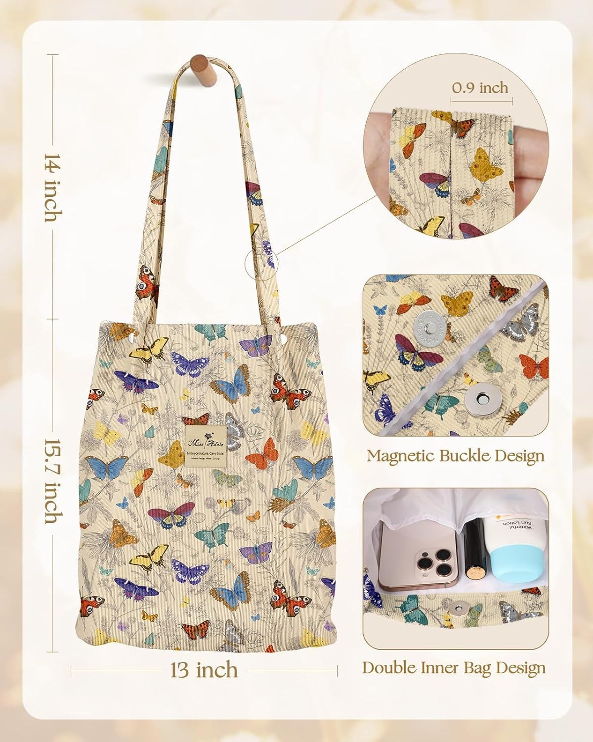 image:imageMiss Adola Corduroy Tote Bag for Women Reusable Totes with Magnetic Buckle amp Pocket Aesthetic Design Work Grocery BagsButterfly Line Flower