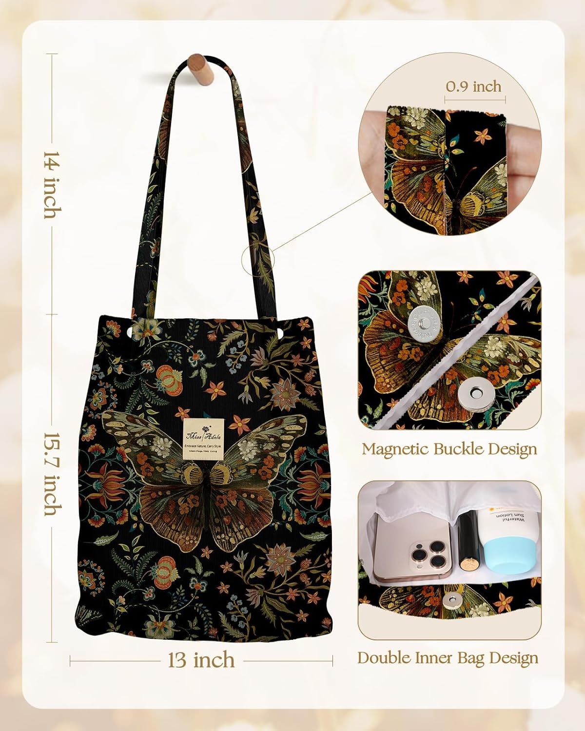 image:imageMiss Adola Corduroy Tote Bag for Women Reusable Totes with Magnetic Buckle amp Pocket Aesthetic Design Work Grocery BagsFloral Butterfly