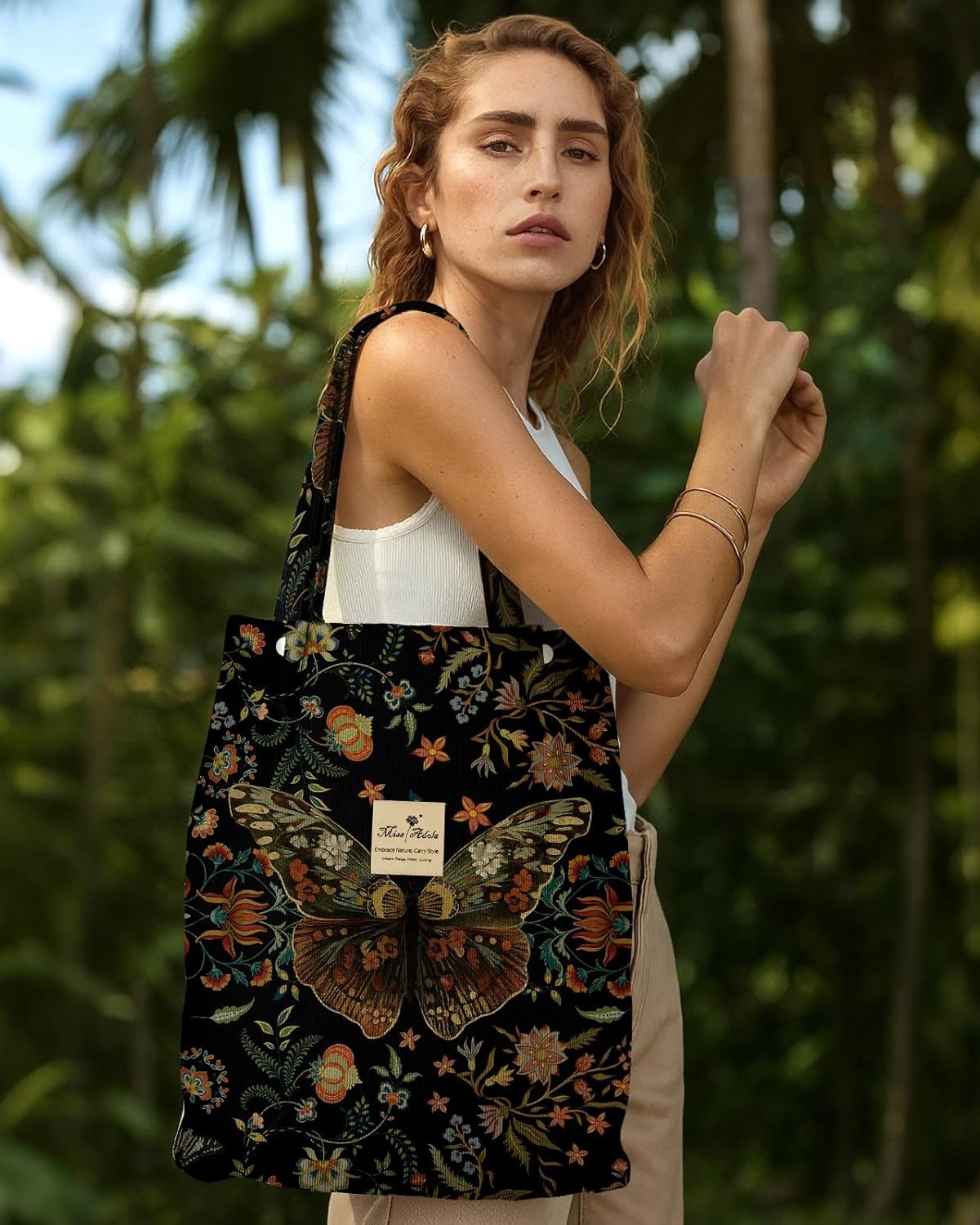 image:imageMiss Adola Corduroy Tote Bag for Women Reusable Totes with Magnetic Buckle amp Pocket Aesthetic Design Work Grocery BagsFloral Butterfly
