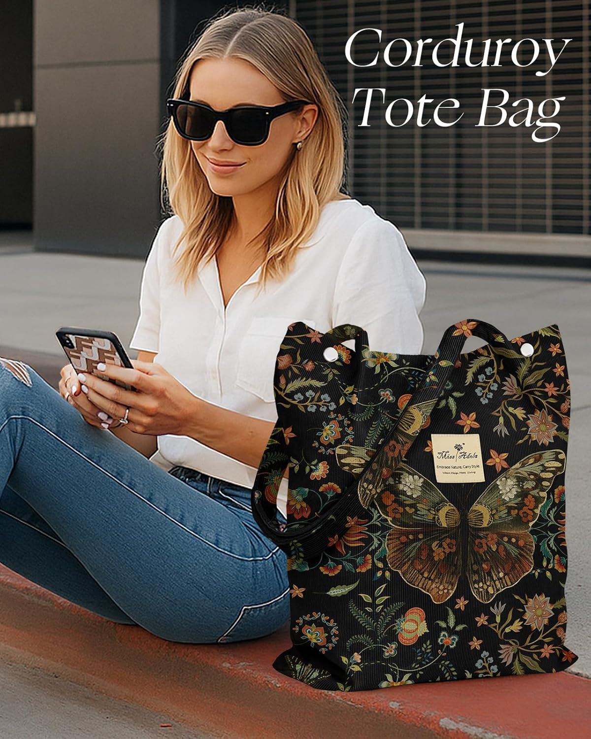 image:imageMiss Adola Corduroy Tote Bag for Women Reusable Totes with Magnetic Buckle amp Pocket Aesthetic Design Work Grocery BagsFloral Butterfly