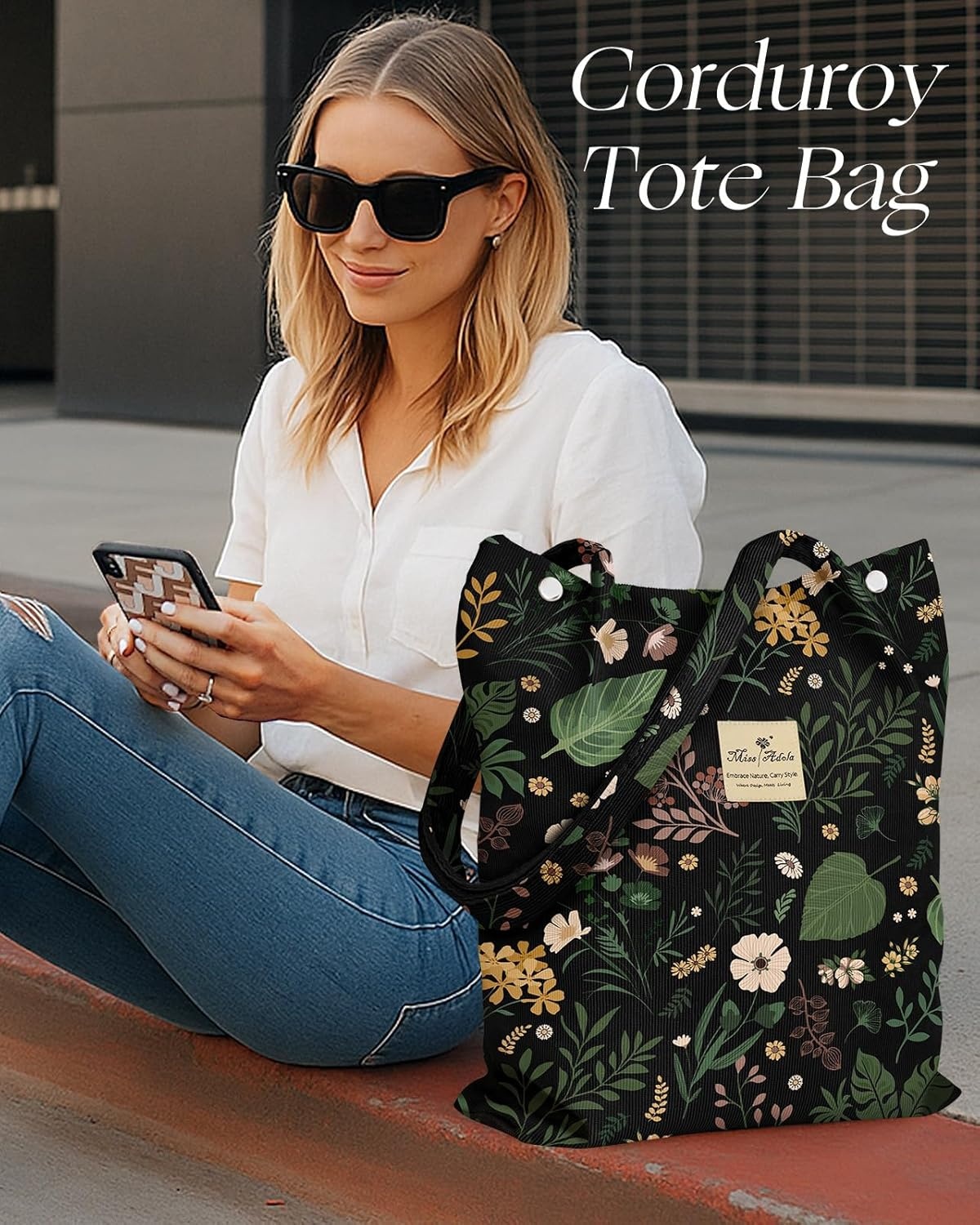 image:imageMiss Adola Corduroy Tote Bag for Women Reusable Totes with Magnetic Buckle amp Pocket Aesthetic Design Work Grocery BagsGreen Pk Flower