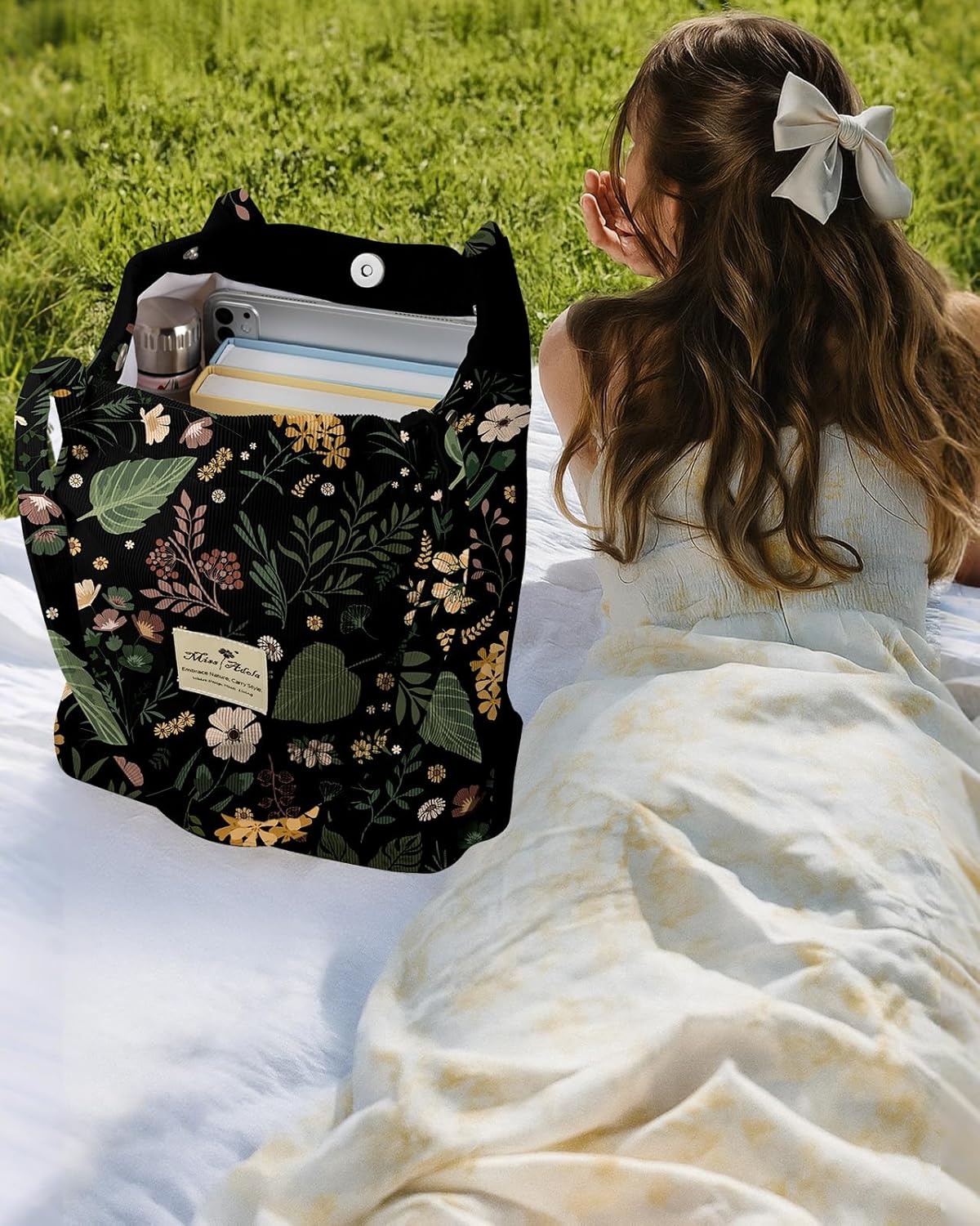 image:imageMiss Adola Corduroy Tote Bag for Women Reusable Totes with Magnetic Buckle amp Pocket Aesthetic Design Work Grocery BagsGreen Pk Flower